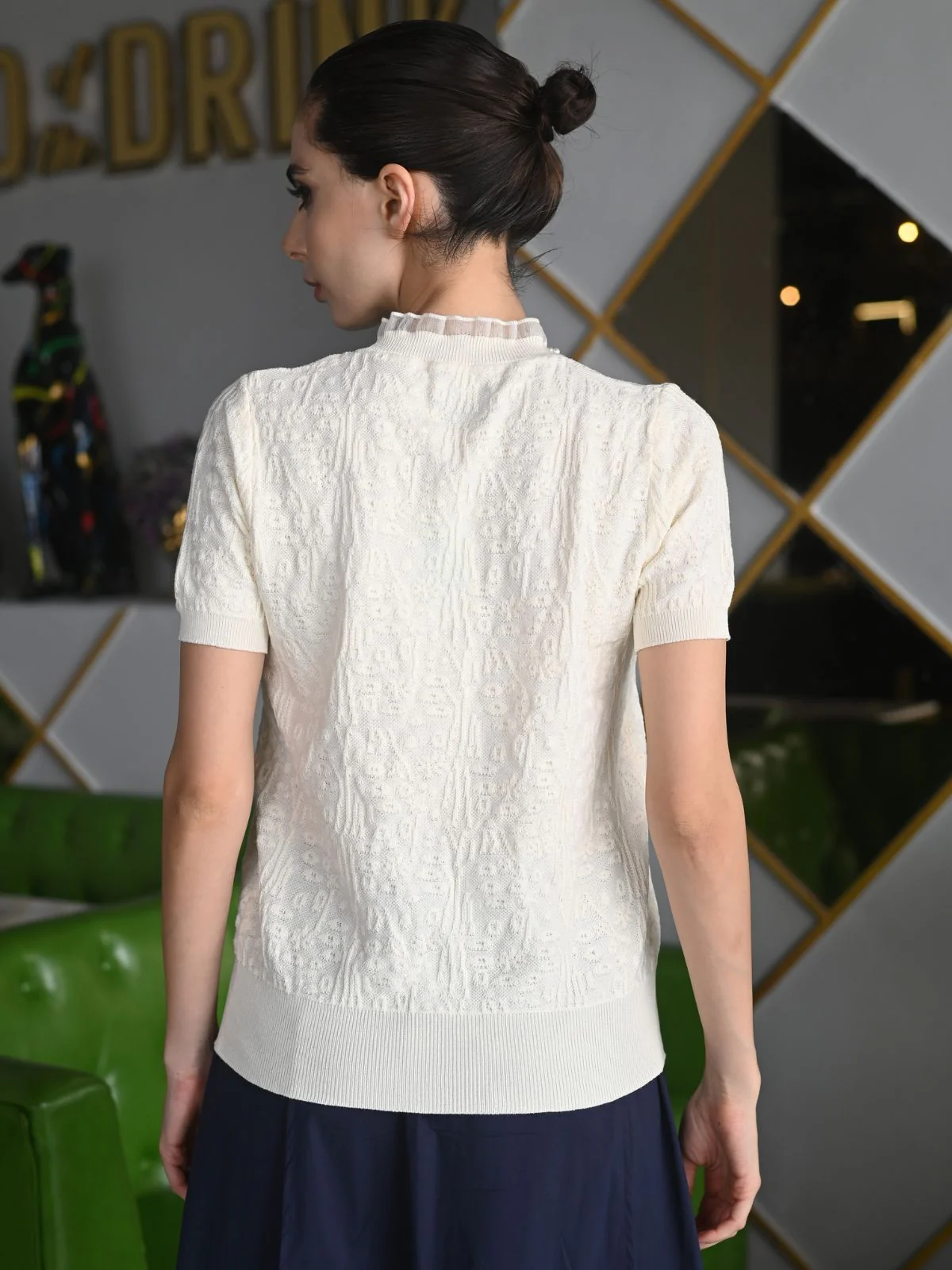 Odette Cream Jacquard Rib Top For Women - Image 4