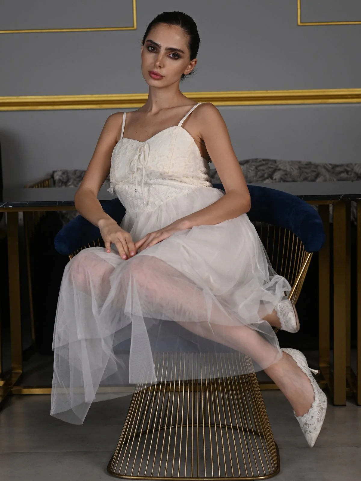 Odette Cream Lace Work Net Stitched Western Dress for Women - Image 2