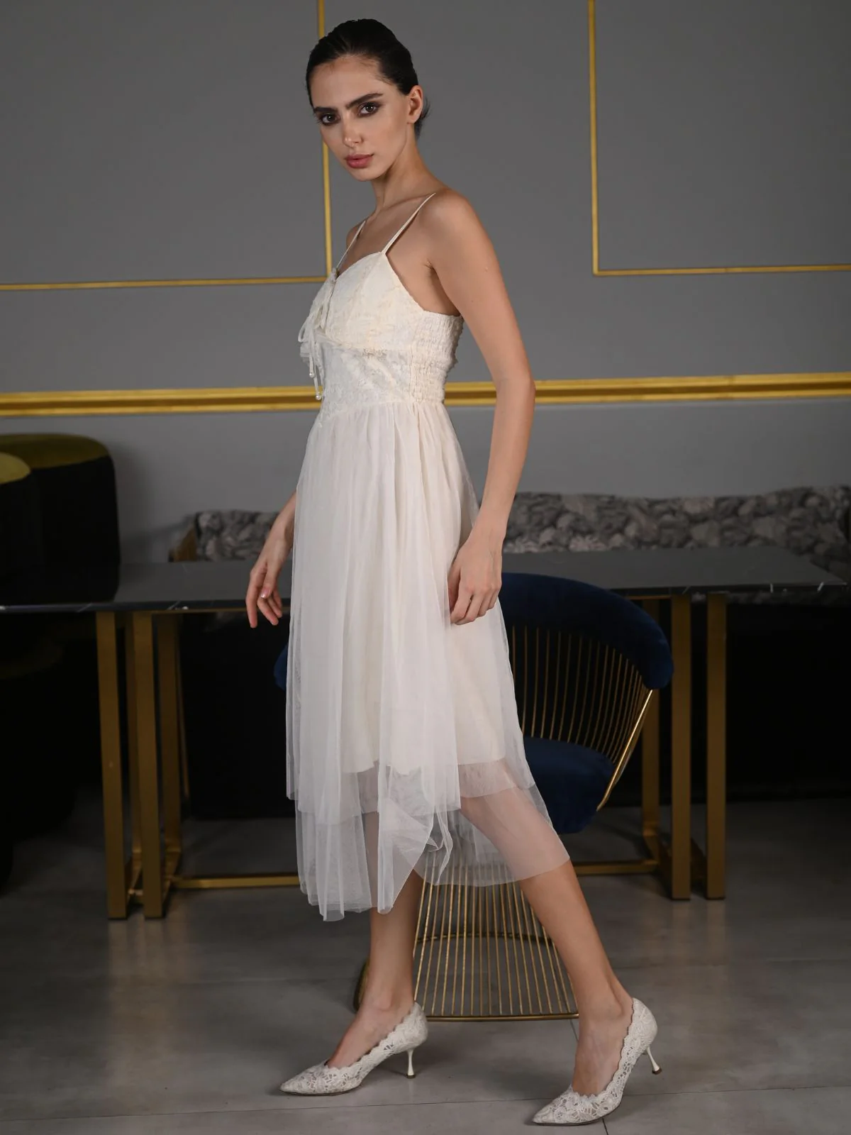 Odette Cream Lace Work Net Stitched Western Dress for Women - Image 3