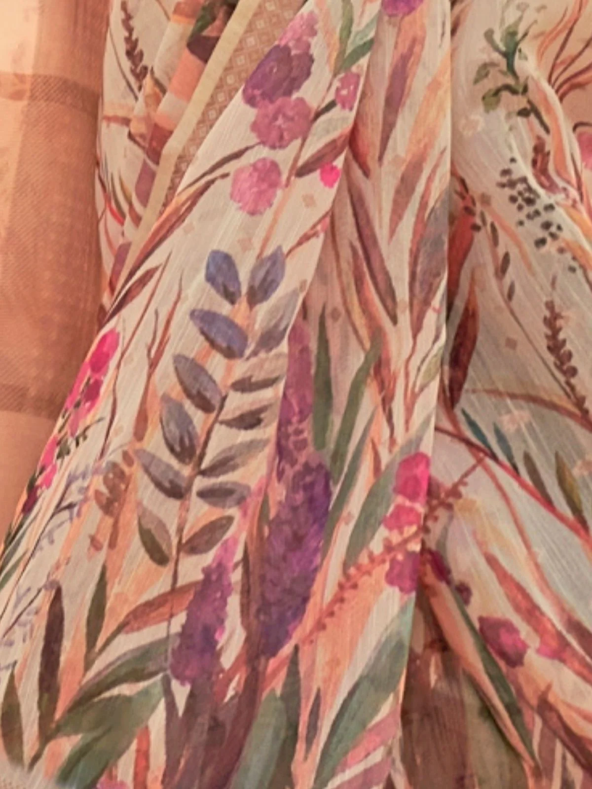 Odette Cream Linen Printed Saree With Unstitched Blouse For Women - Image 3