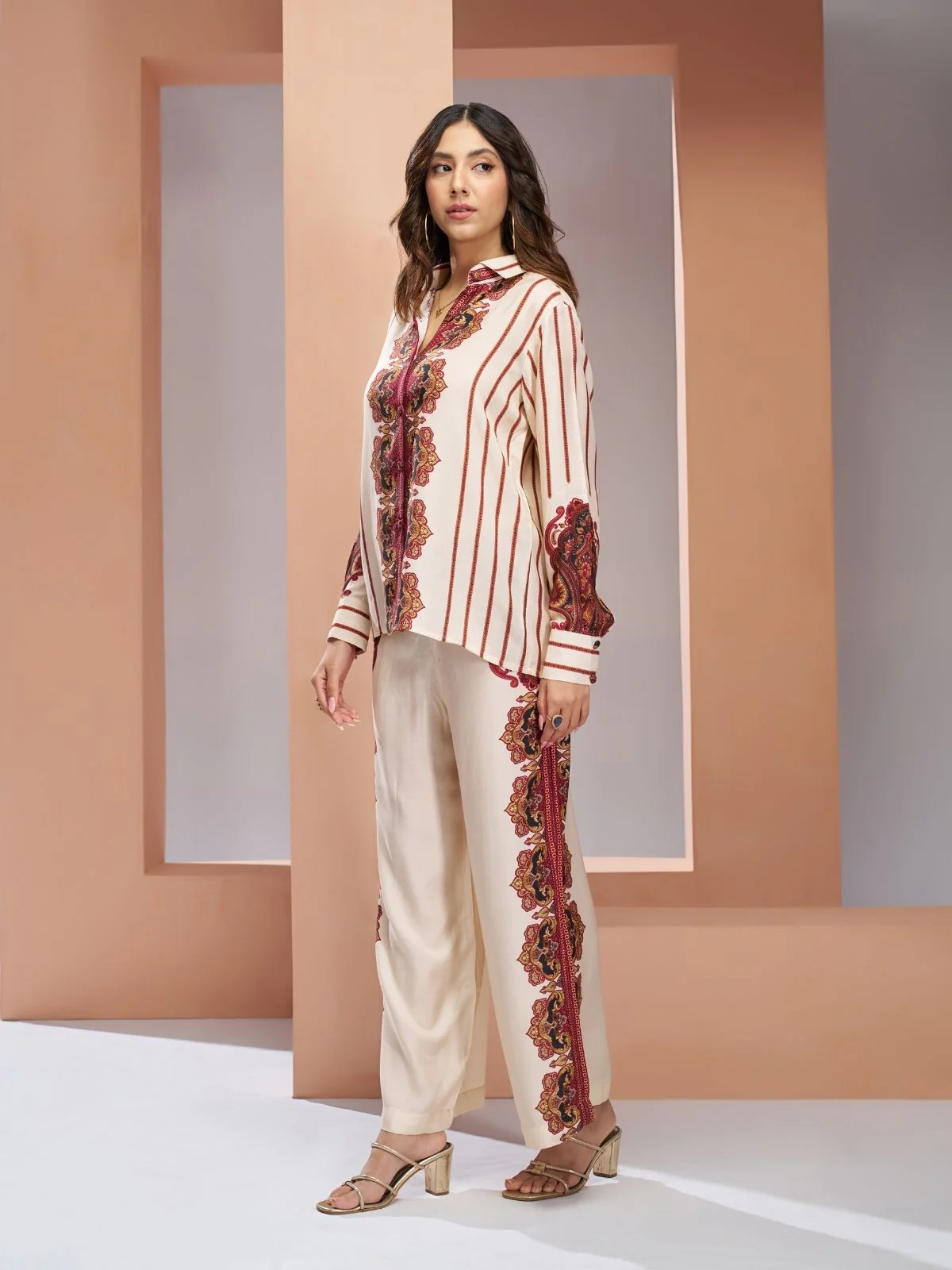 Odette Cream Linen Printed Stitched Co-Ord Set For Women - Image 2