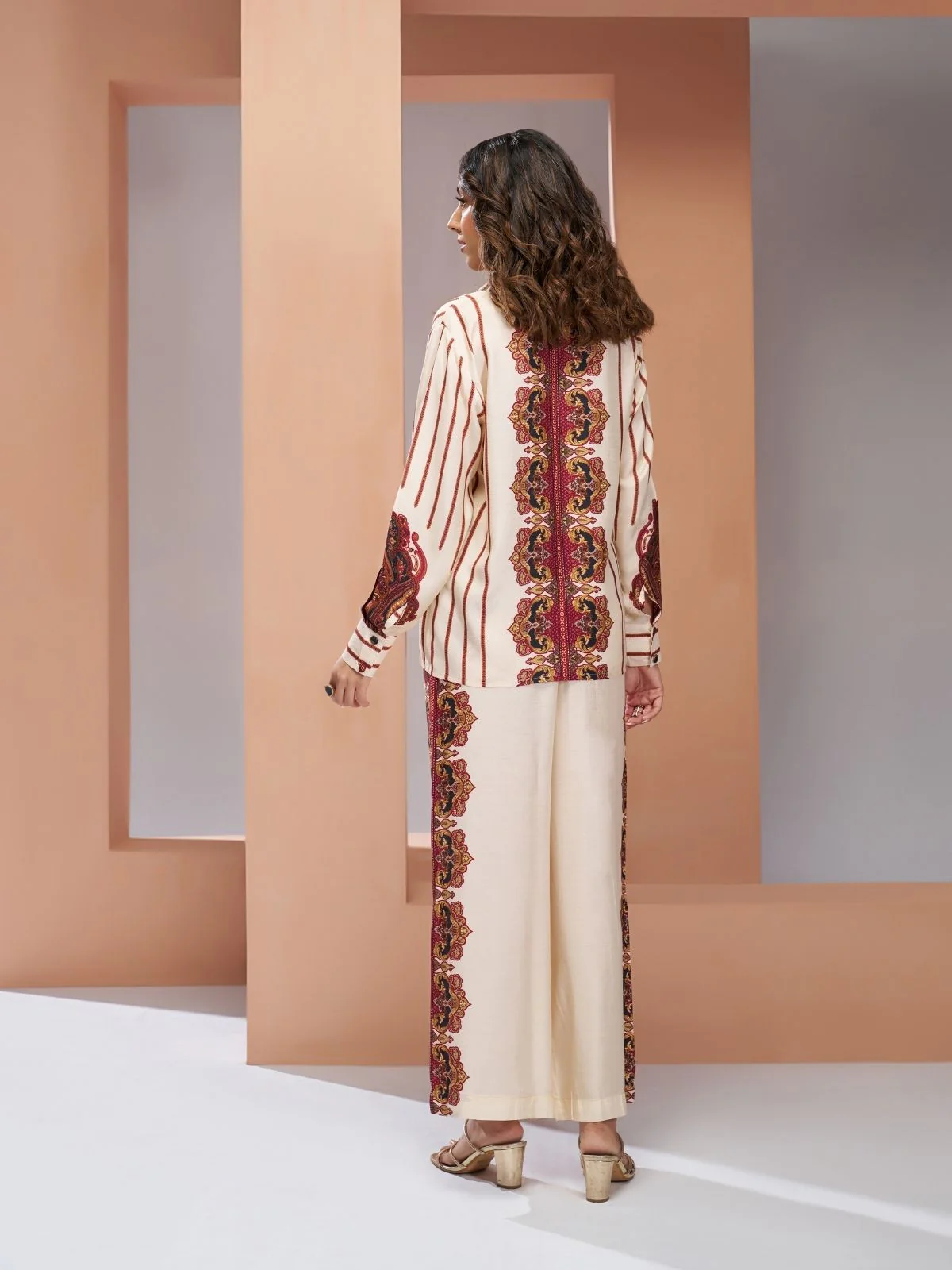 Odette Cream Linen Printed Stitched Co-Ord Set For Women - Image 3