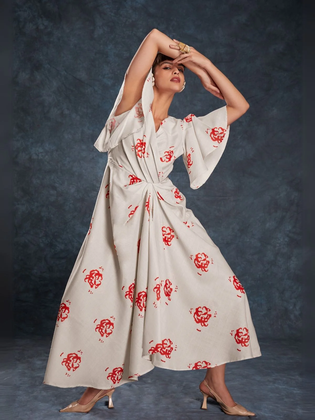 Odette Cream Linen Printed Stitched Dress For Women - Image 2