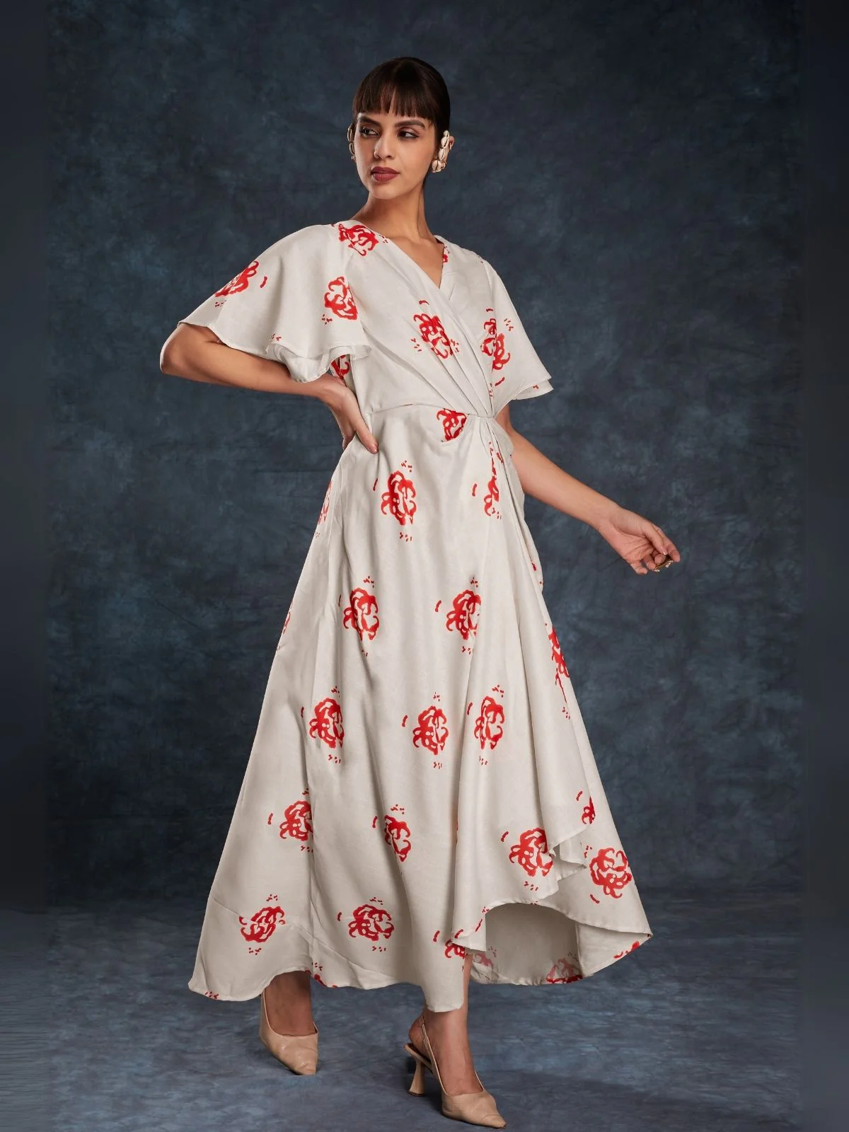Odette Cream Linen Printed Stitched Dress For Women - Image 4