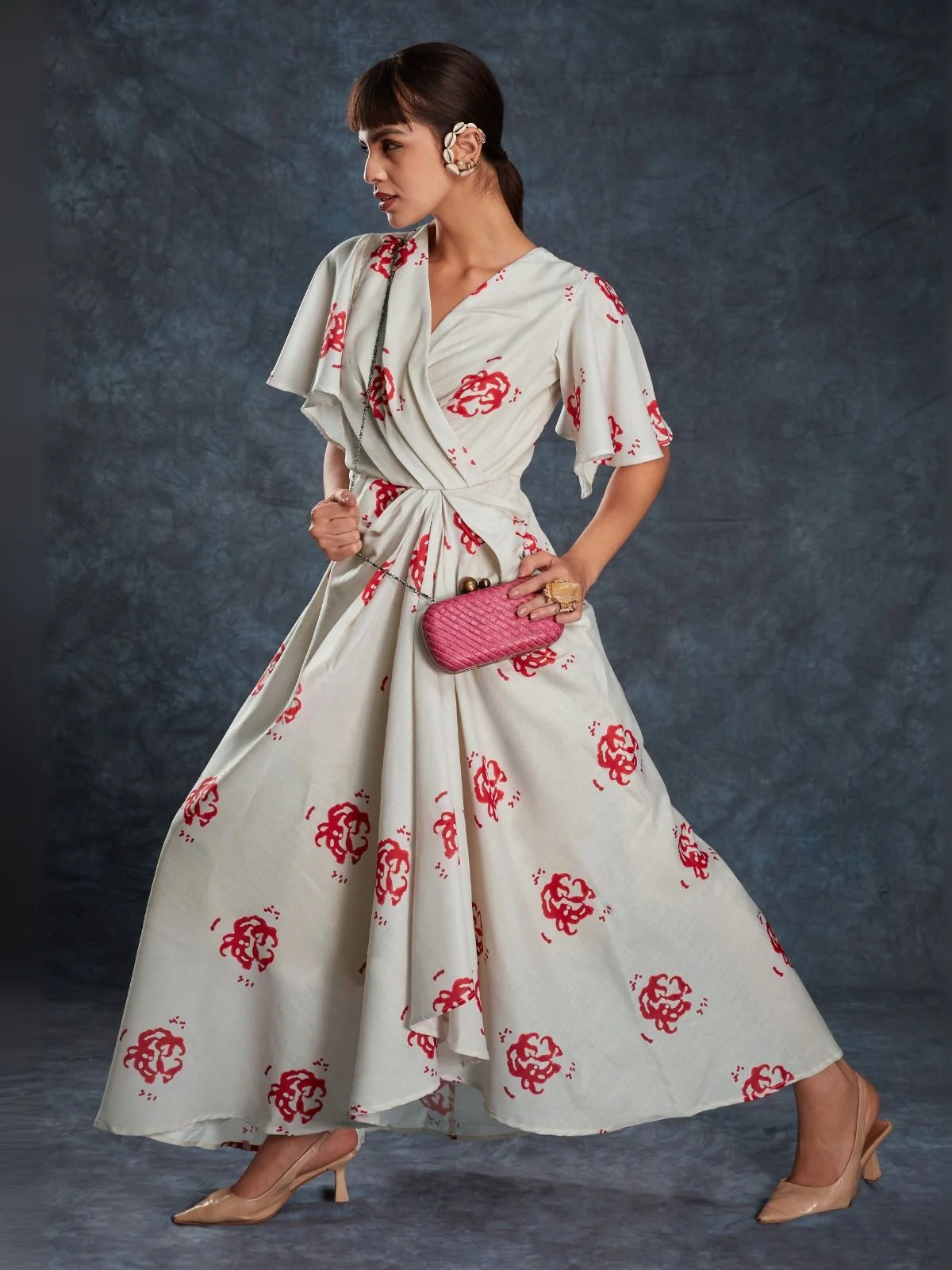 Odette Cream Linen Printed Stitched Dress For Women - Image 6