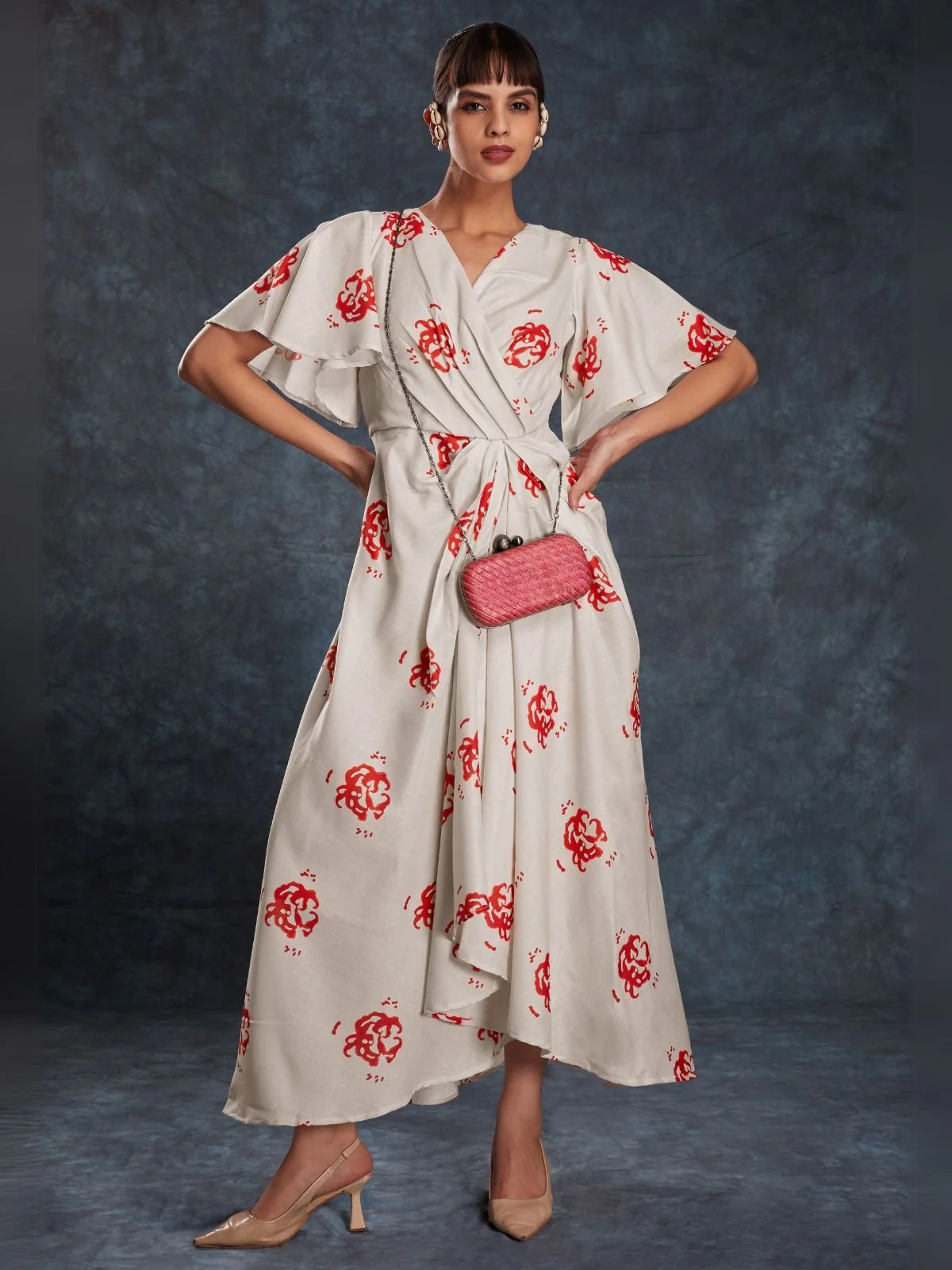 Odette Cream Linen Printed Stitched Dress For Women - Image 7