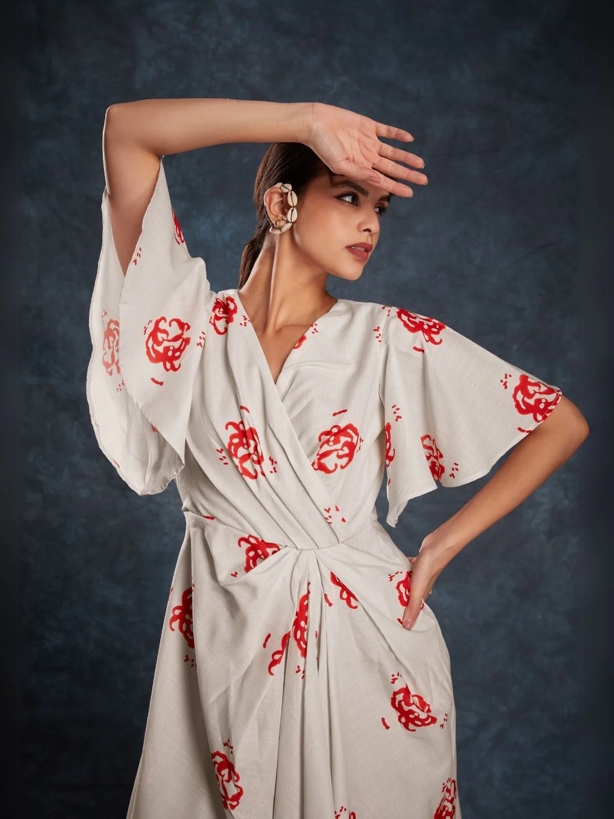 Odette Cream Linen Printed Stitched Dress For Women - Image 8