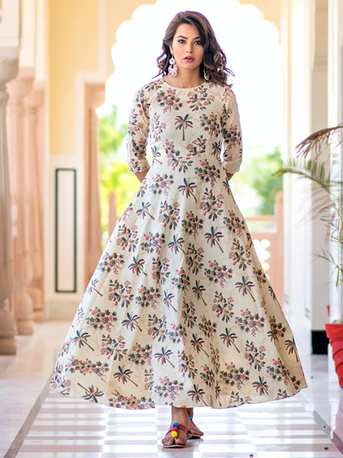 Odette Cream Muslin Printed Stitched Gown for Women - Image 2