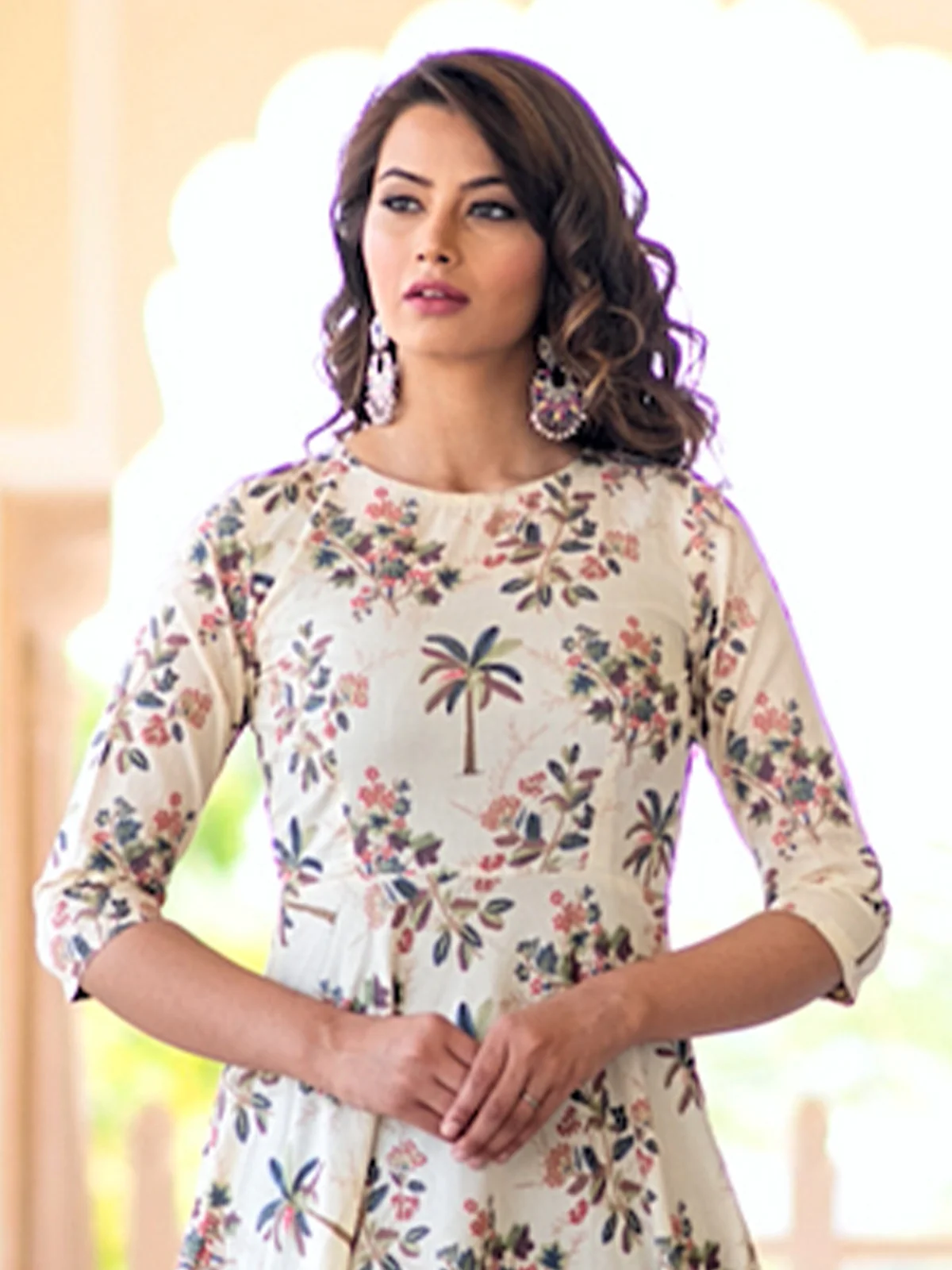 Odette Cream Muslin Printed Stitched Gown for Women - Image 3