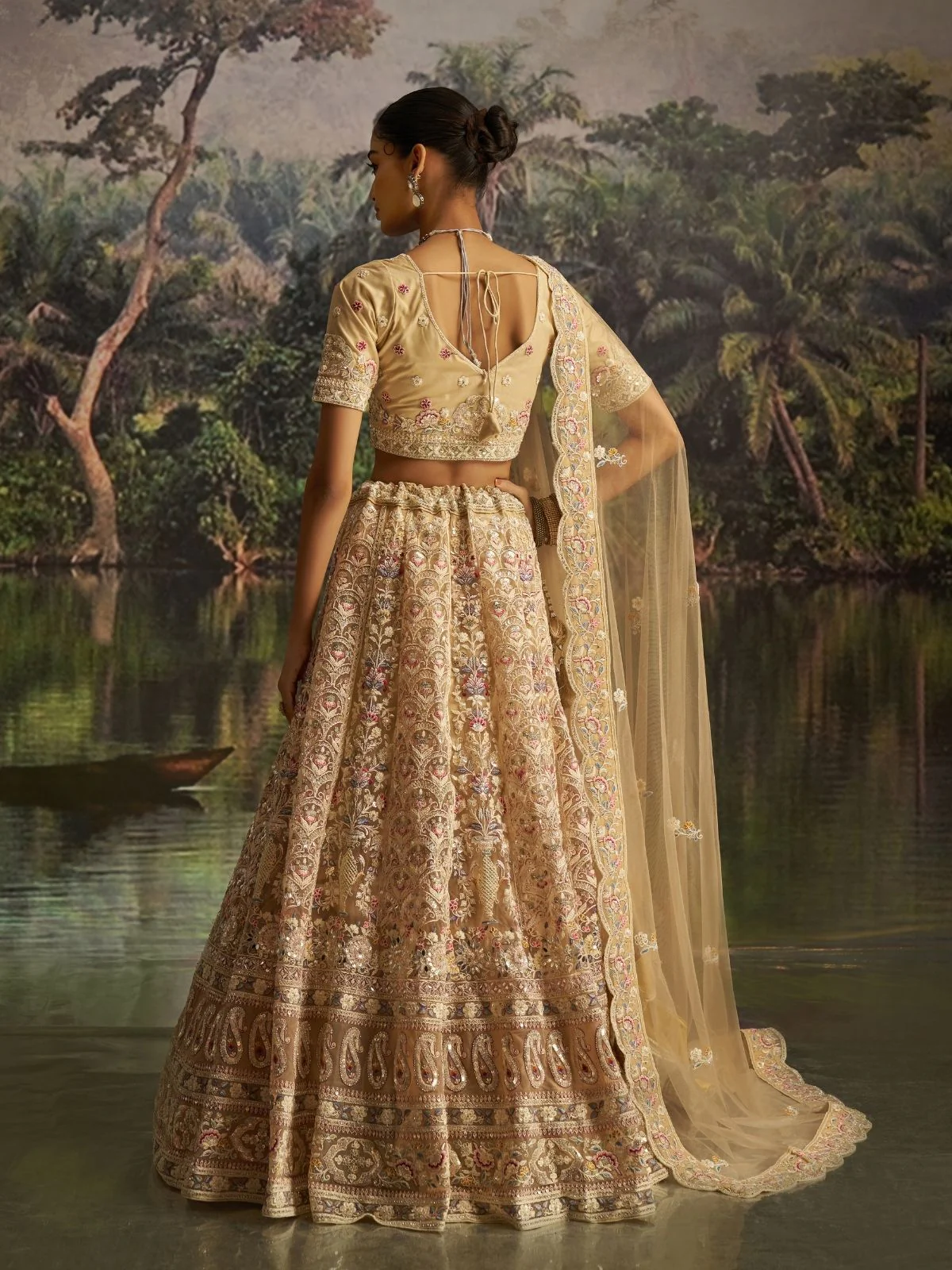 Odette Cream Net Embroidered Semi-Stitched Lehenga For Women - Image 2