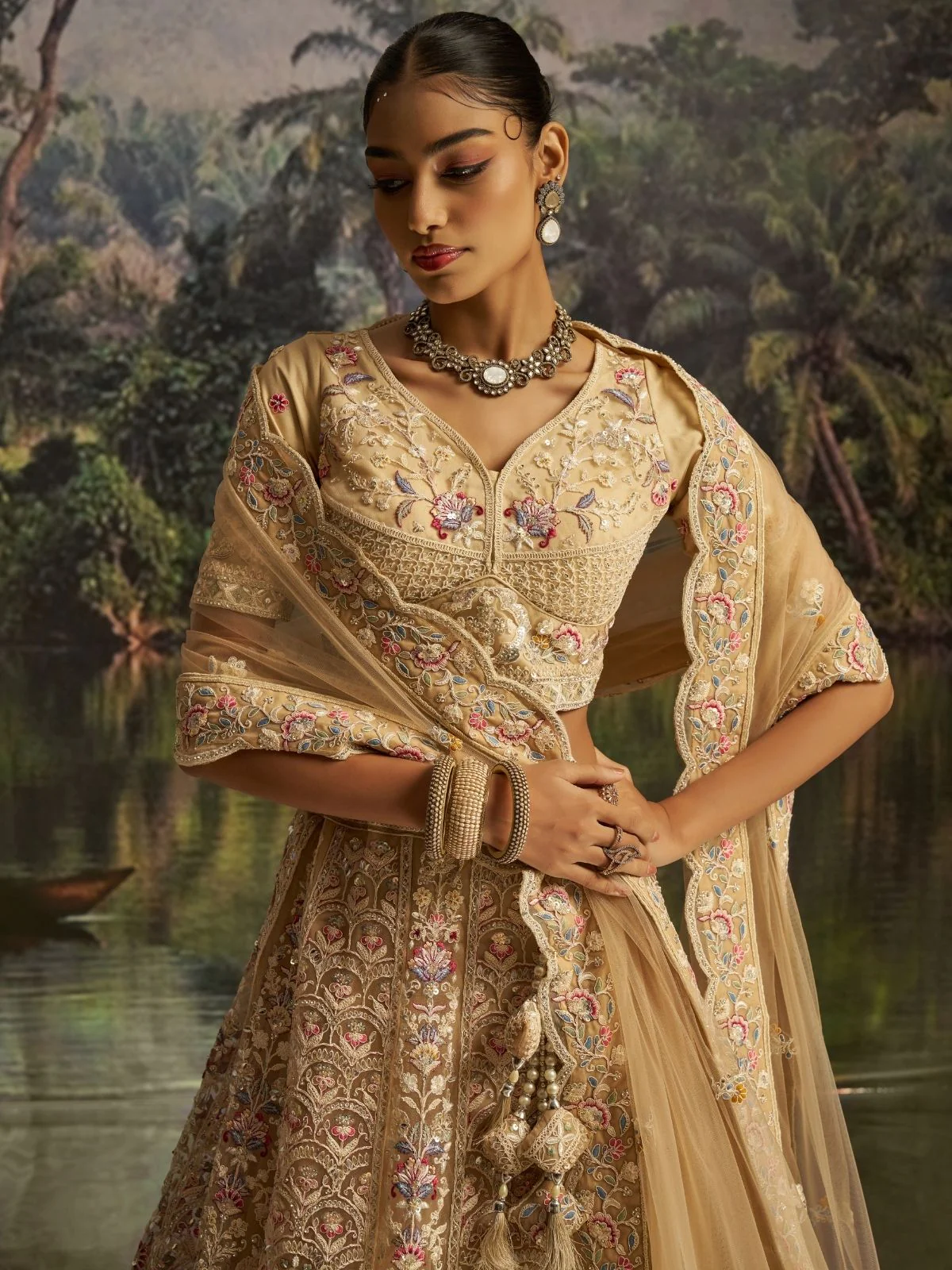 Odette Cream Net Embroidered Semi-Stitched Lehenga For Women - Image 5