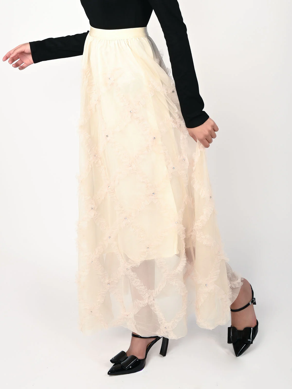 Odette Cream Net Frill Work Skirt For Women - Image 3
