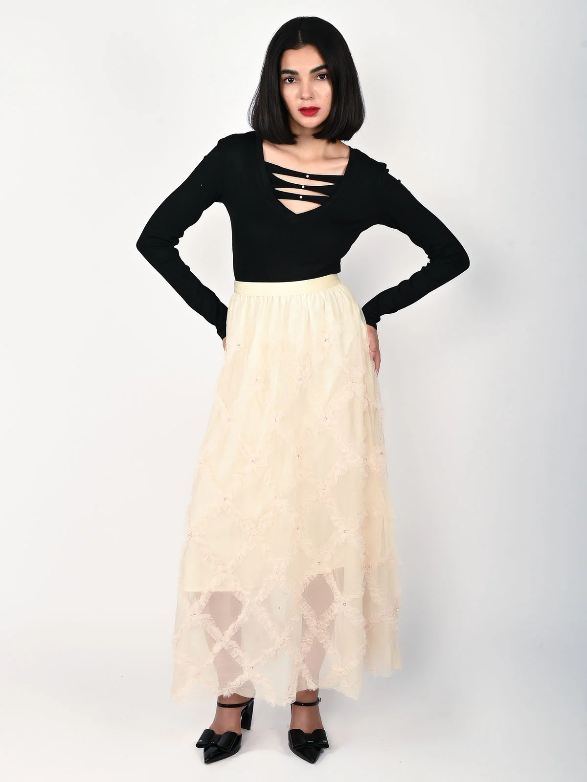 Odette Cream Net Frill Work Skirt For Women - Image 6