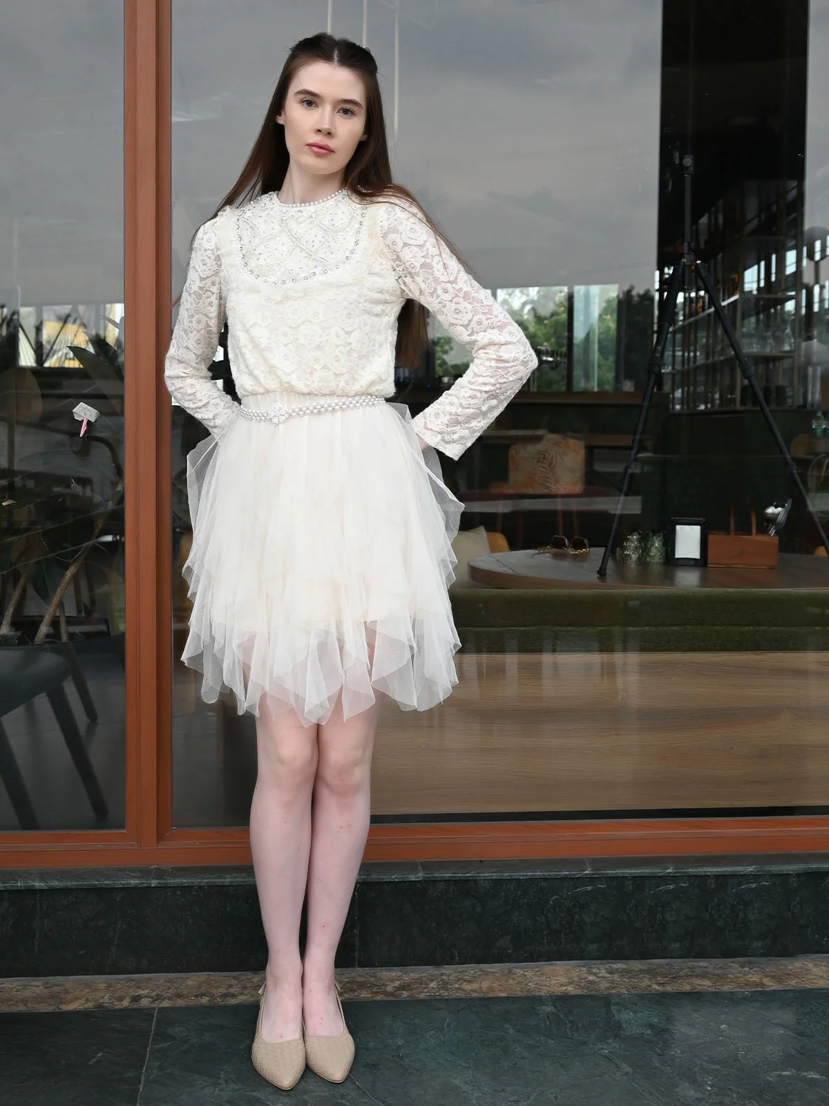 Odette Cream Net Self Design Dress For Women - Image 2