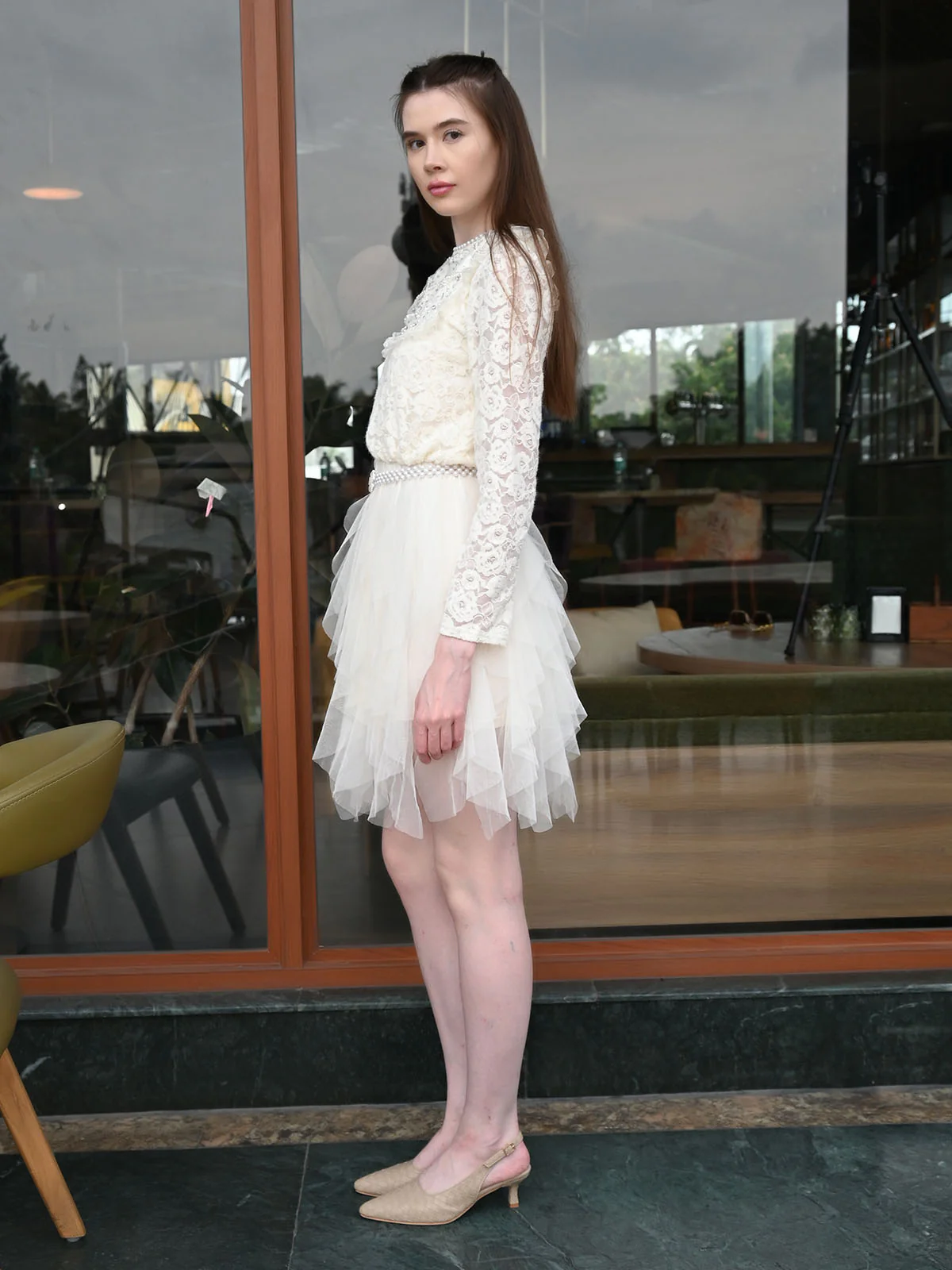 Odette Cream Net Self Design Dress For Women - Image 3