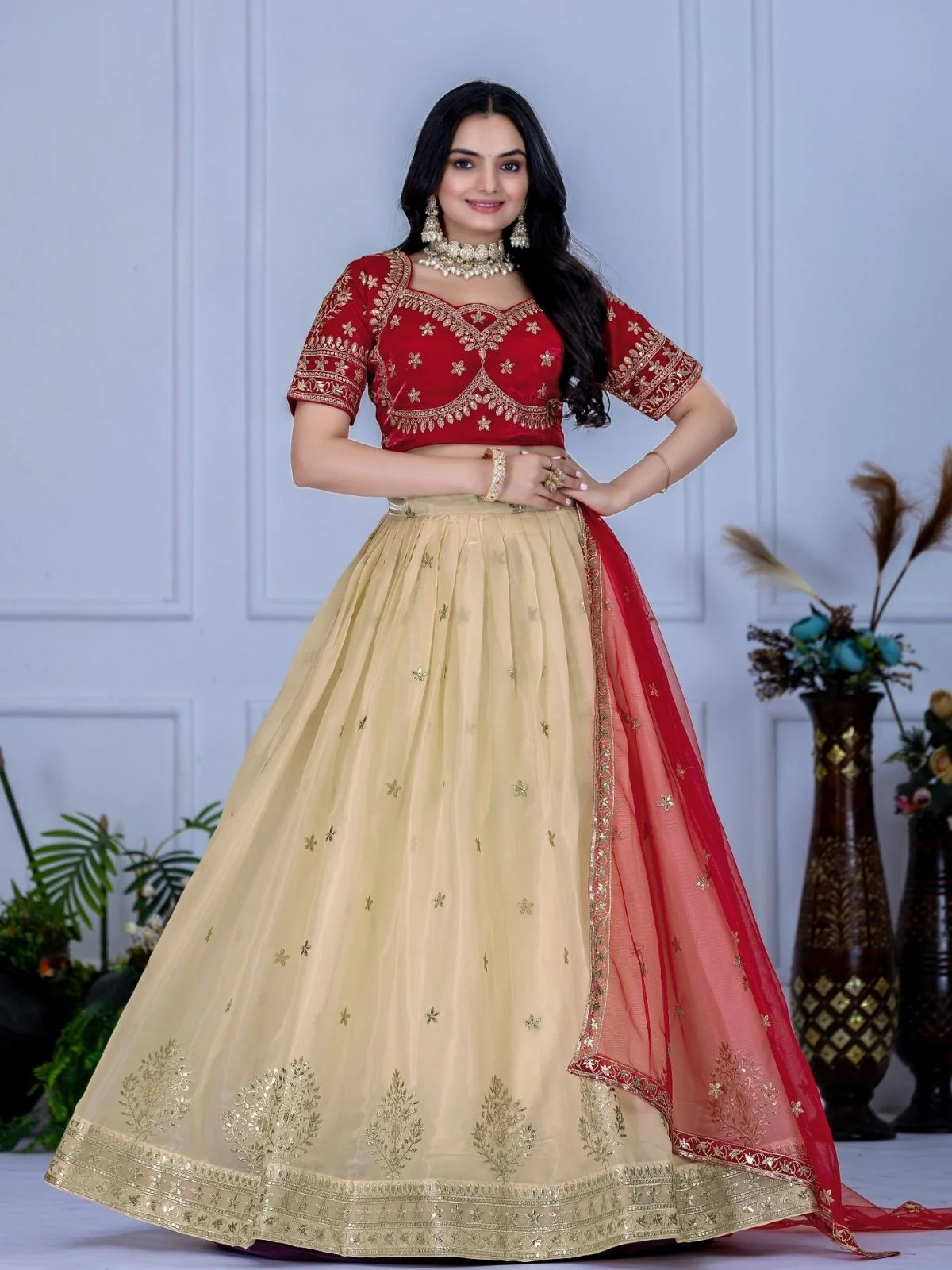 Odette Cream Organza Embroidered Semi-Stitched lehenga For Women - Image 2