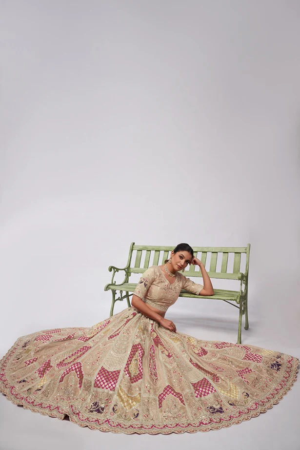 Odette Cream Organza Silk Embroidered Semi Stitched Lehenga With Unstitched Blouse For Women - Image 3