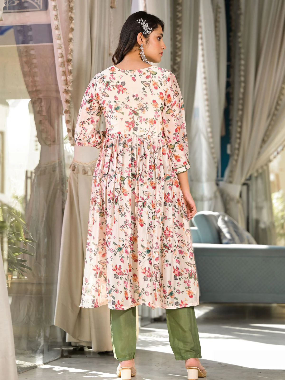 Odette Cream  Printed Georgette Stitched Kurta Set For Women - Image 5