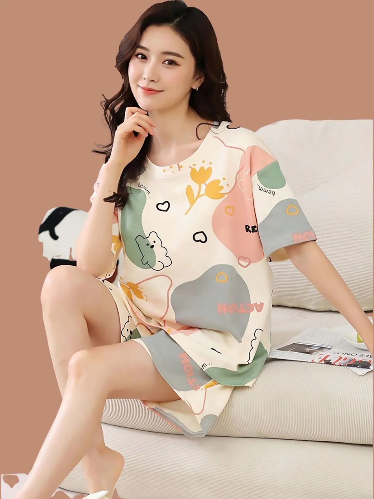 Odette Cream Printed Night Suits For Women - Image 2