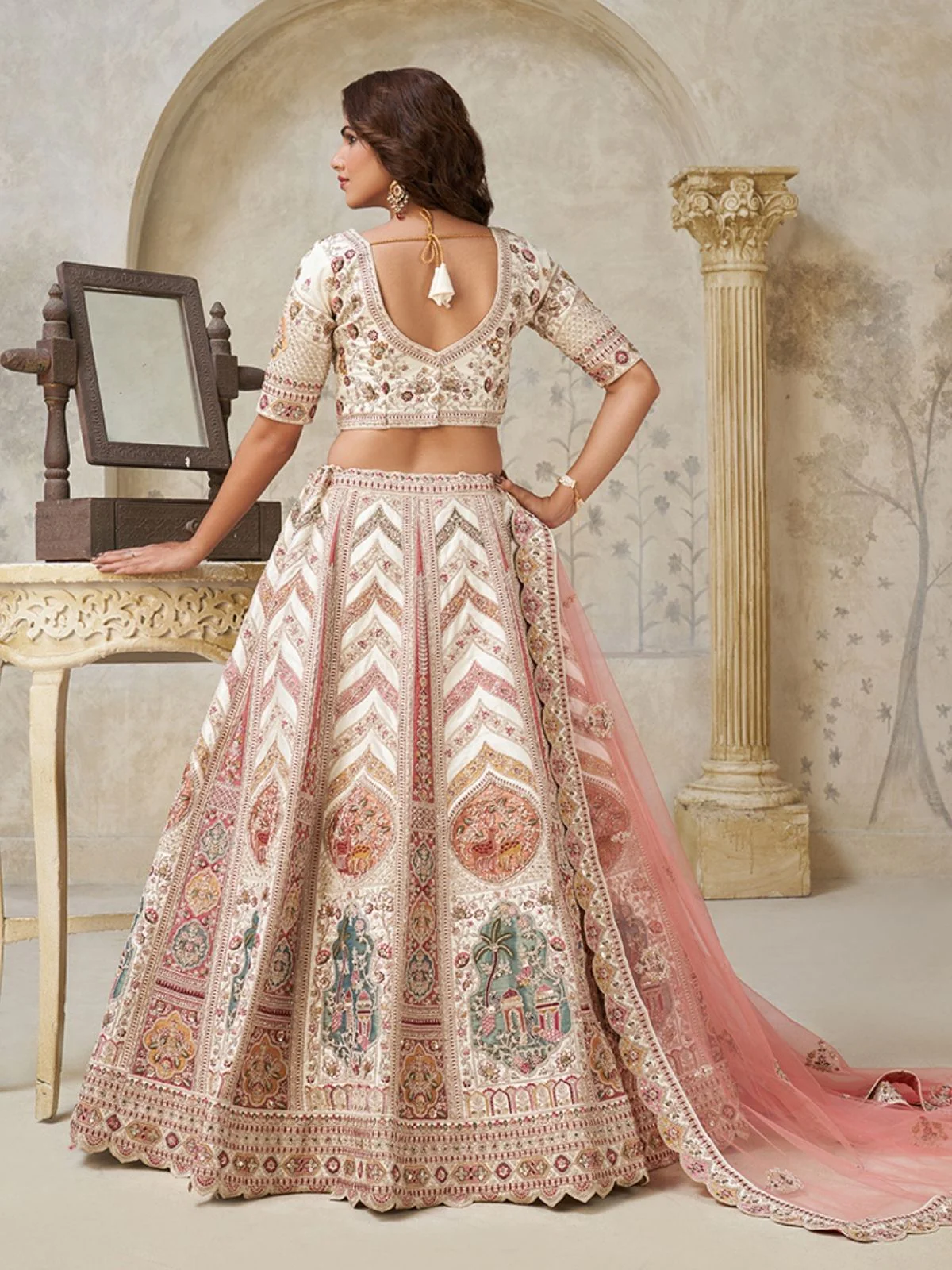 Odette Cream Silk Blend Embroidered Semi-Stitched Lehenga For Women - Image 2