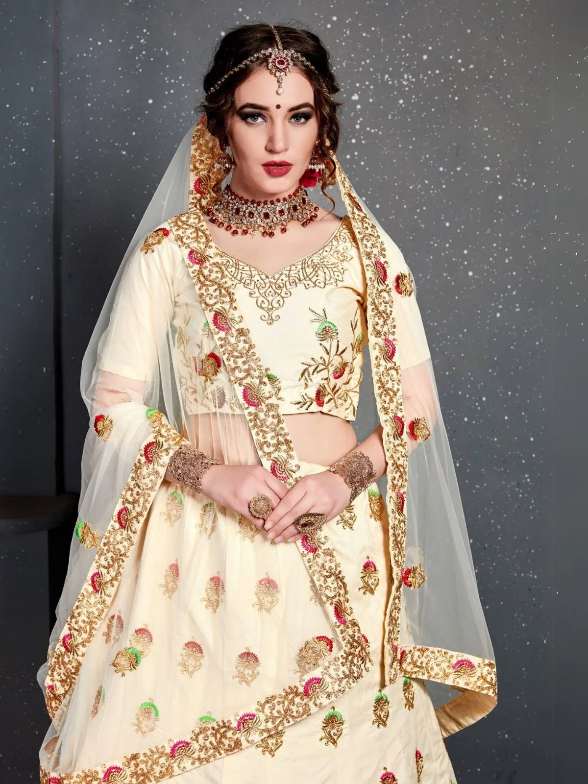 Odette Cream Silk Blend Embroidered Semi Stitched Lehenga With Blouse For Women - Image 4
