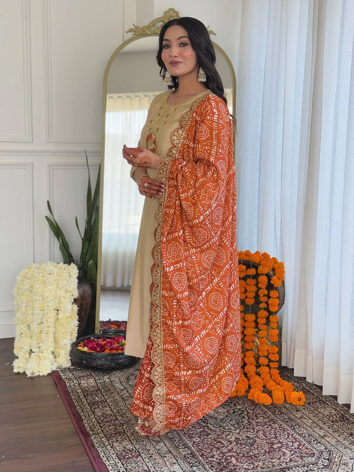 Odette Cream Silk Blend Embroidered Stitched Kurta Set For Women - Image 3