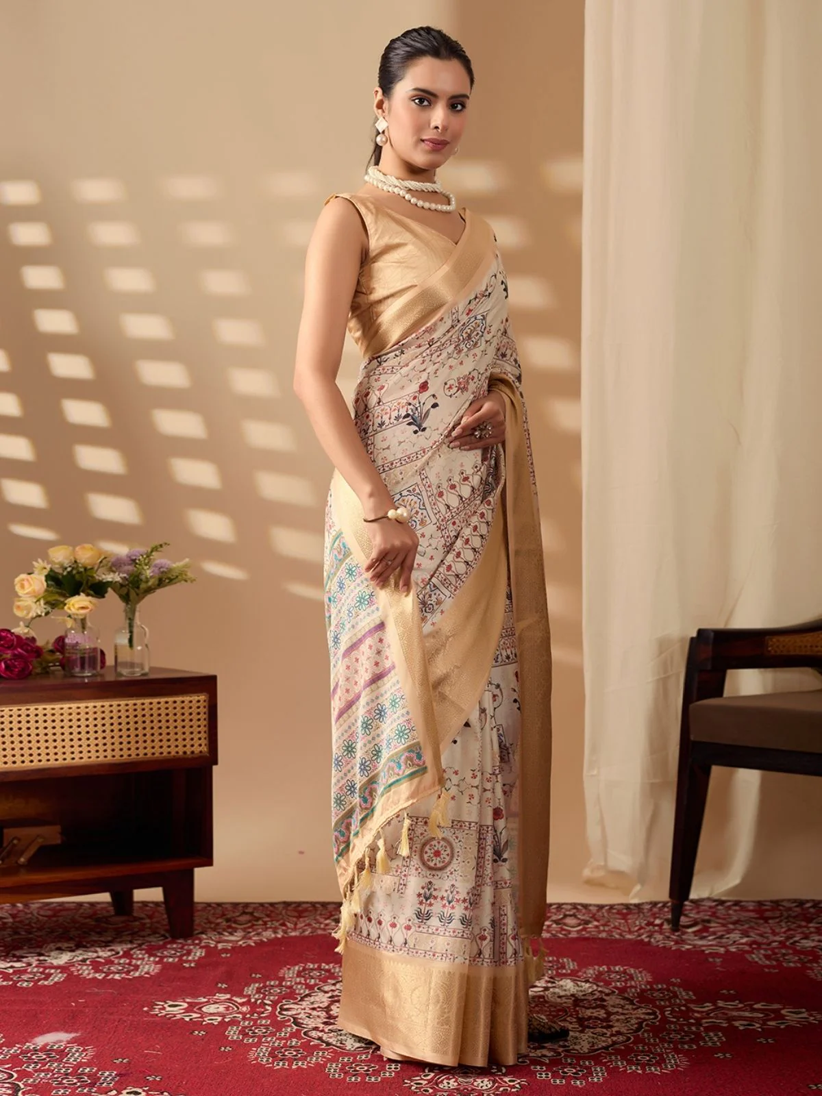 Odette Cream Silk Blend Printed Saree For Women - Image 2