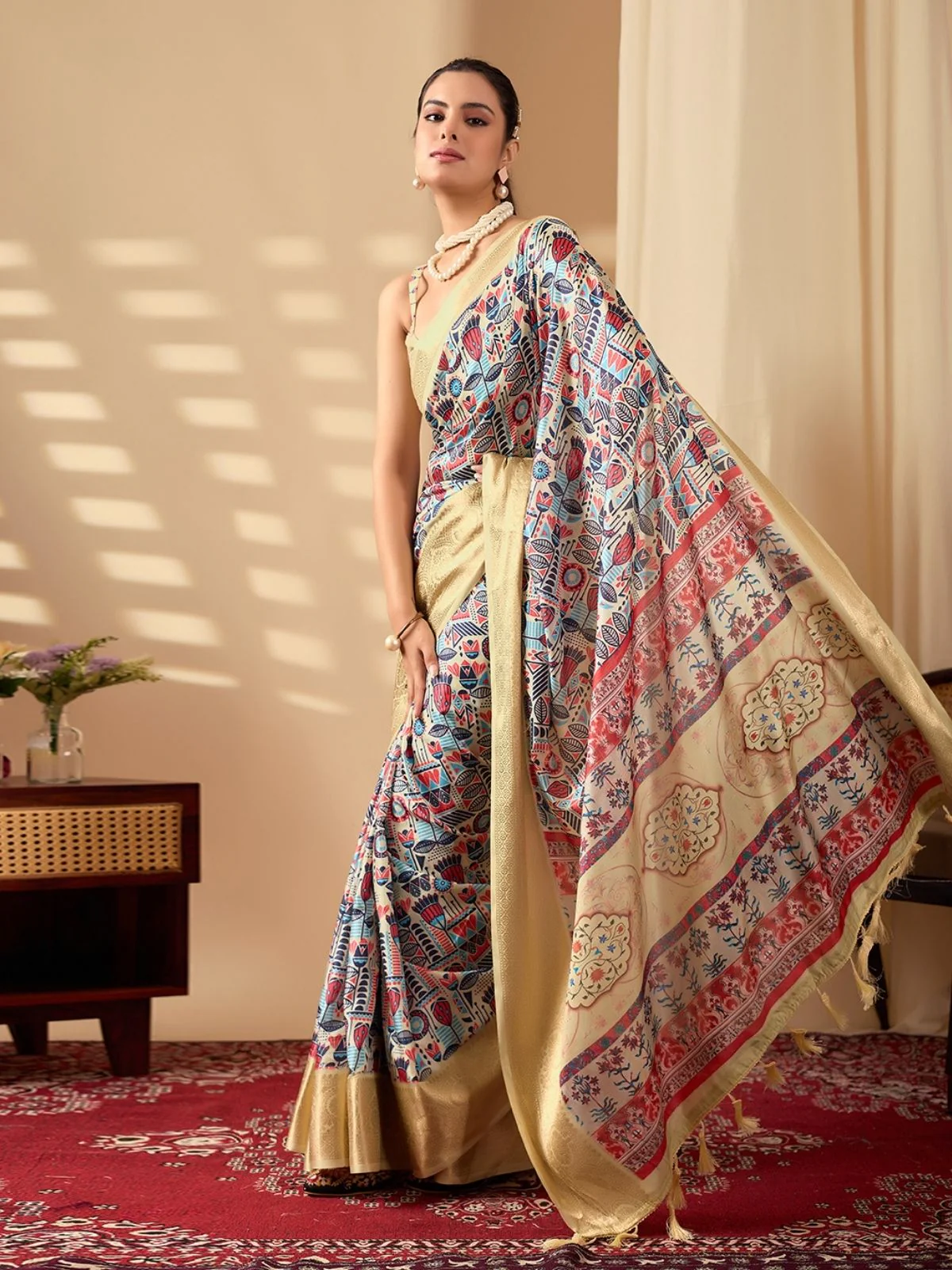 Odette Cream Silk Blend Printed Saree For Women - Image 2
