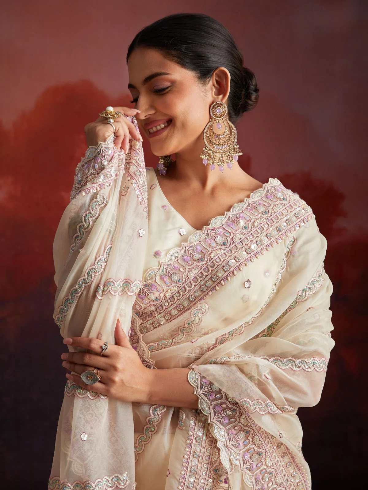 Odette Cream Soft Net Embellished Saree For Women - Image 3