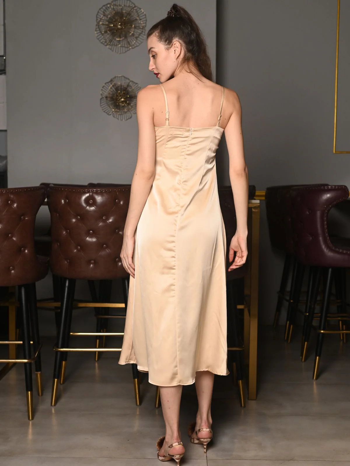 Odette Cream Polyester Satin Solid Western Dress For Women - Image 4