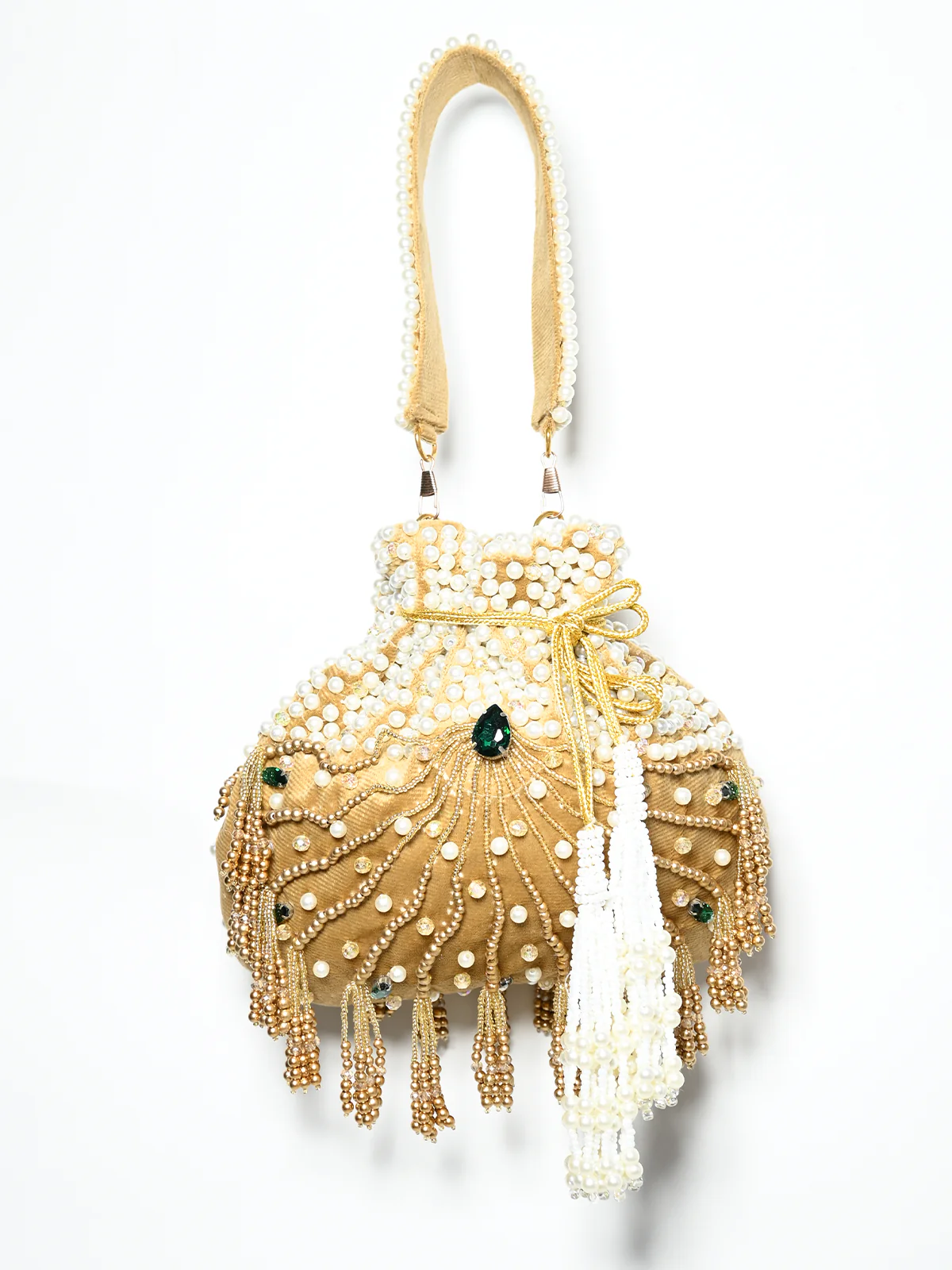 Odette Cream Suede Pearl Embellished Potli For Women - Image 2