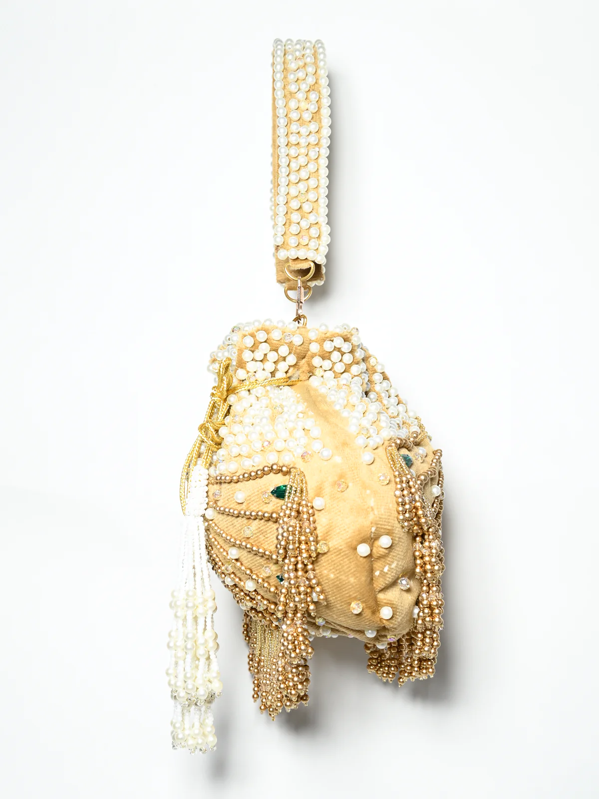 Odette Cream Suede Pearl Embellished Potli For Women - Image 3