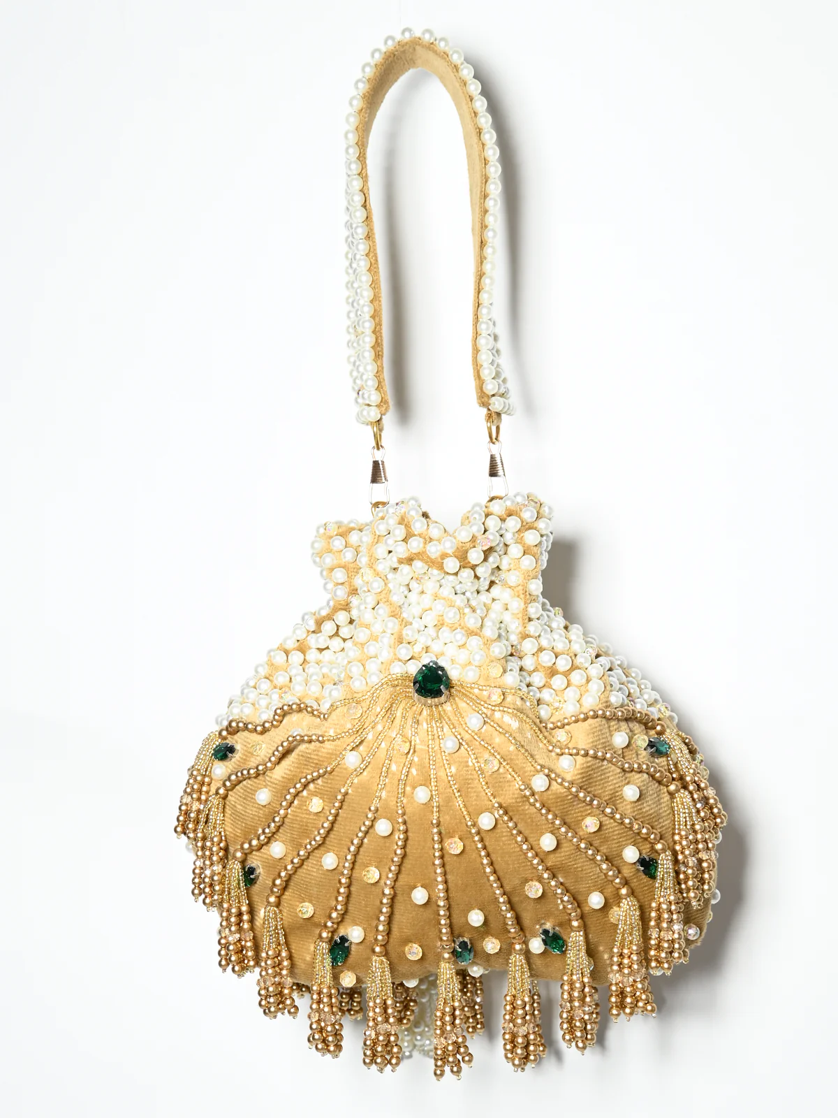 Odette Cream Suede Pearl Embellished Potli For Women - Image 4
