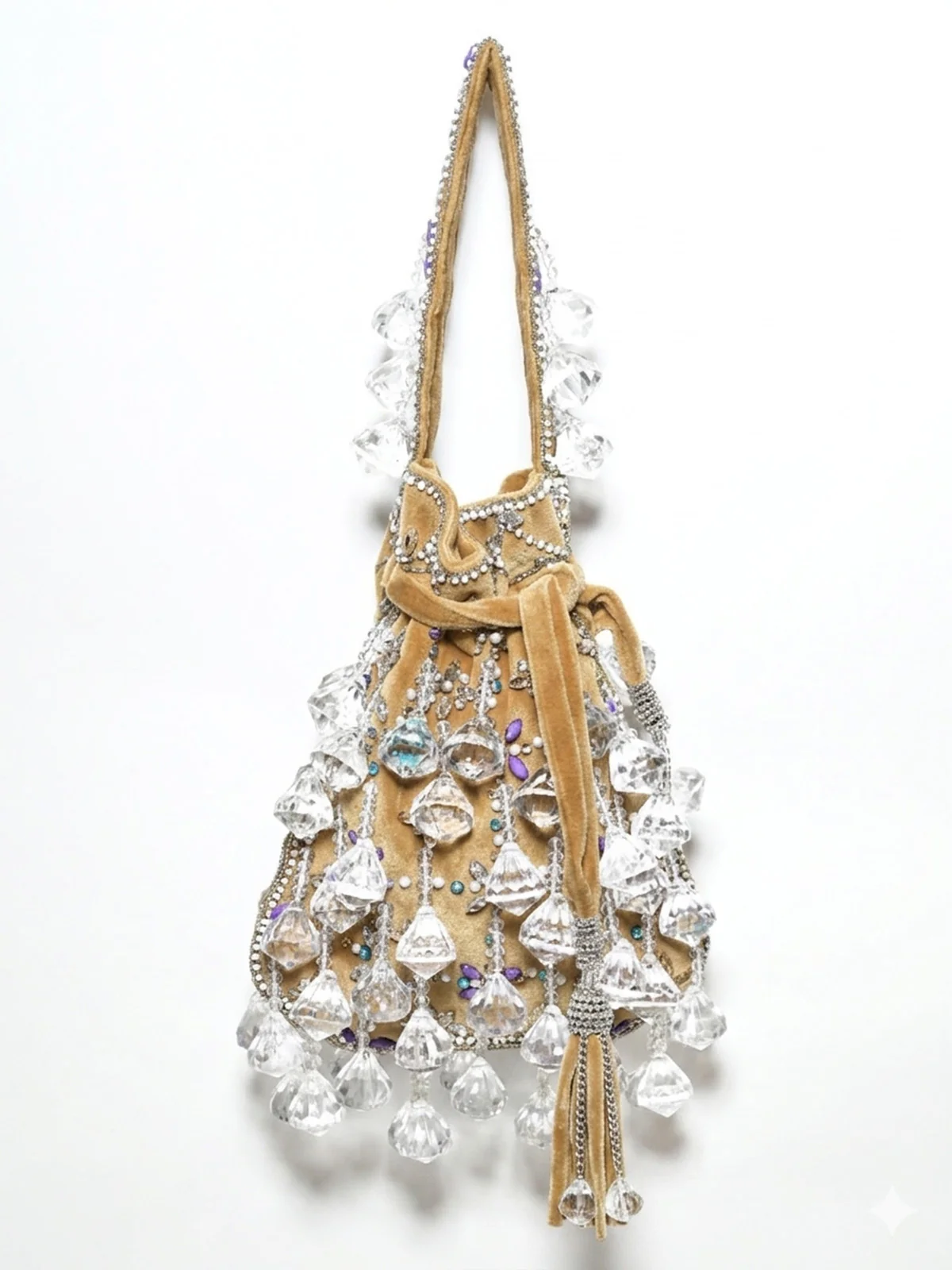 Odette Cream Suede Stone And Pearl Embellished Potli For Women - Image 3