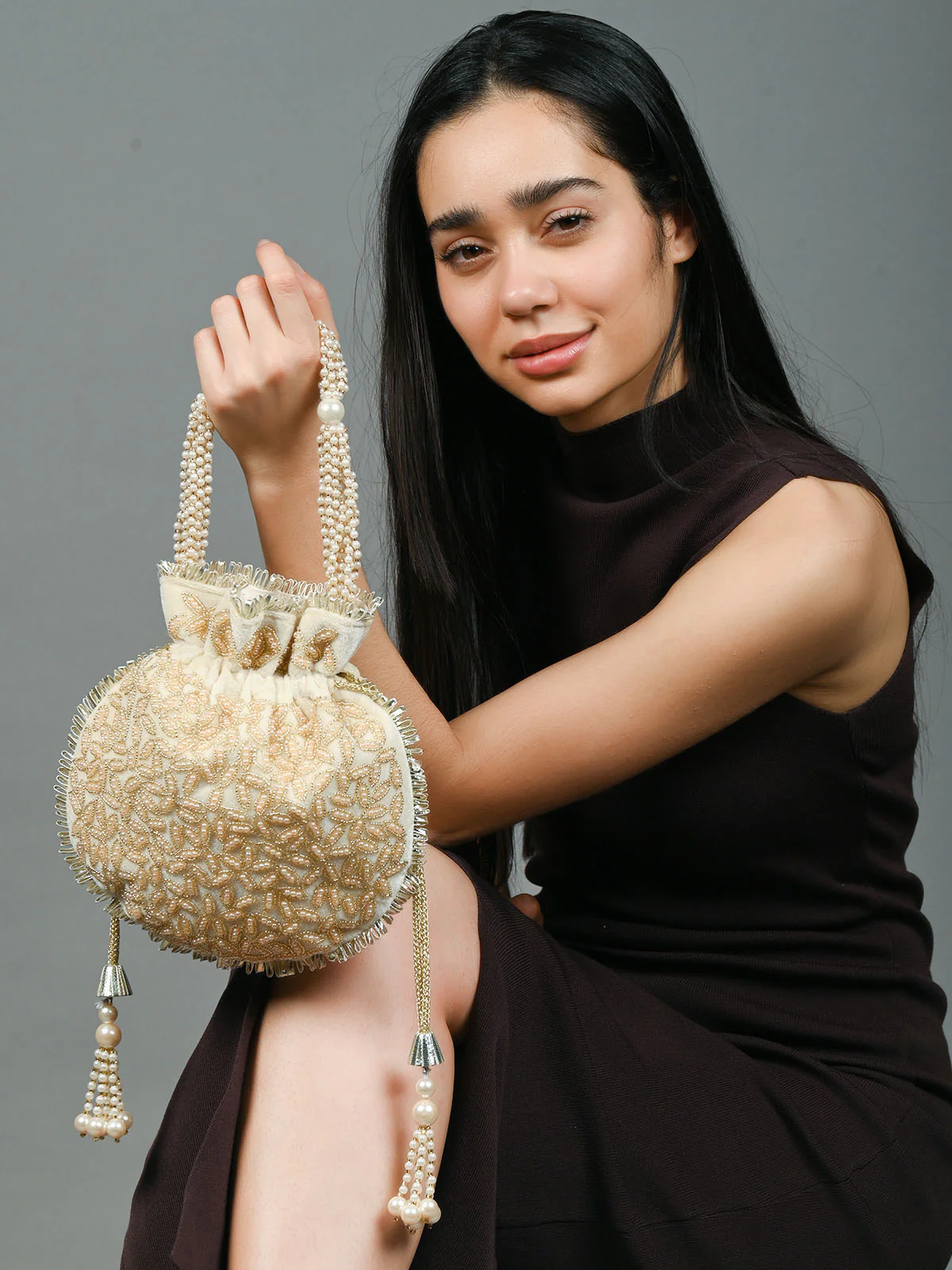 Odette Cream Velvet Embellished Potli For Women