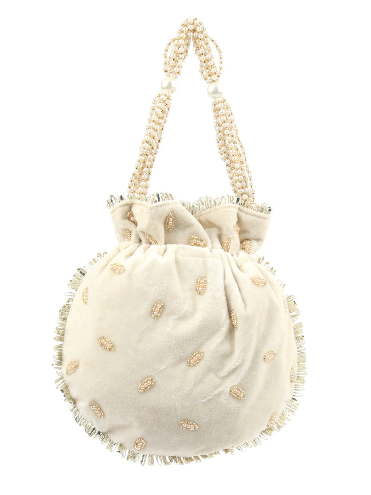 Odette Cream Velvet Embellished Potli For Women - Image 5