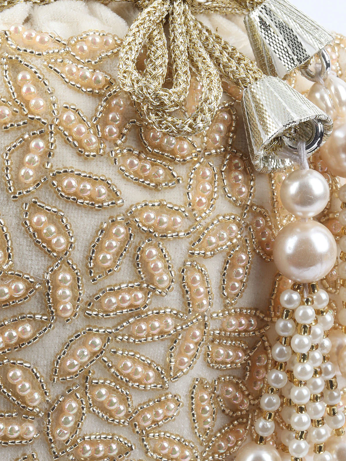 Odette Cream Velvet Embellished Potli For Women - Image 7
