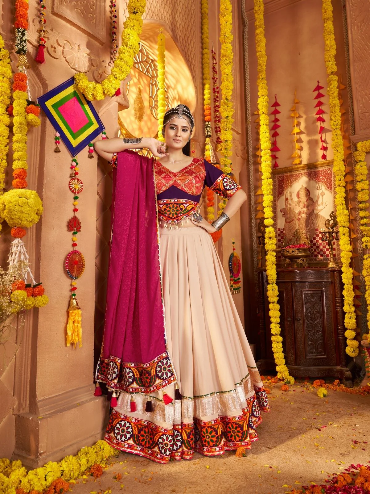 Odette Cream Viscose Rayon Embroidered Semi-Stitched lehenga With Stunning Tassels For Women - Image 3