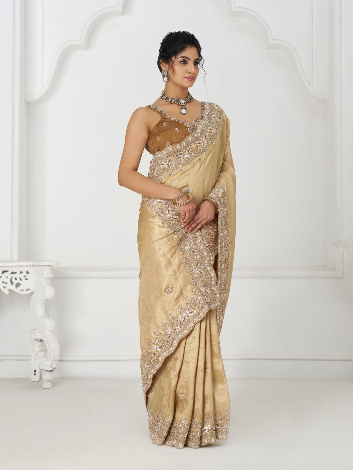 Odette Cream Viscose Silk Embellished Saree For Women - Image 2