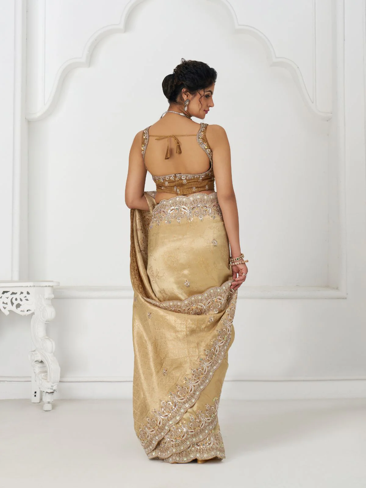 Odette Cream Viscose Silk Embellished Saree For Women - Image 4