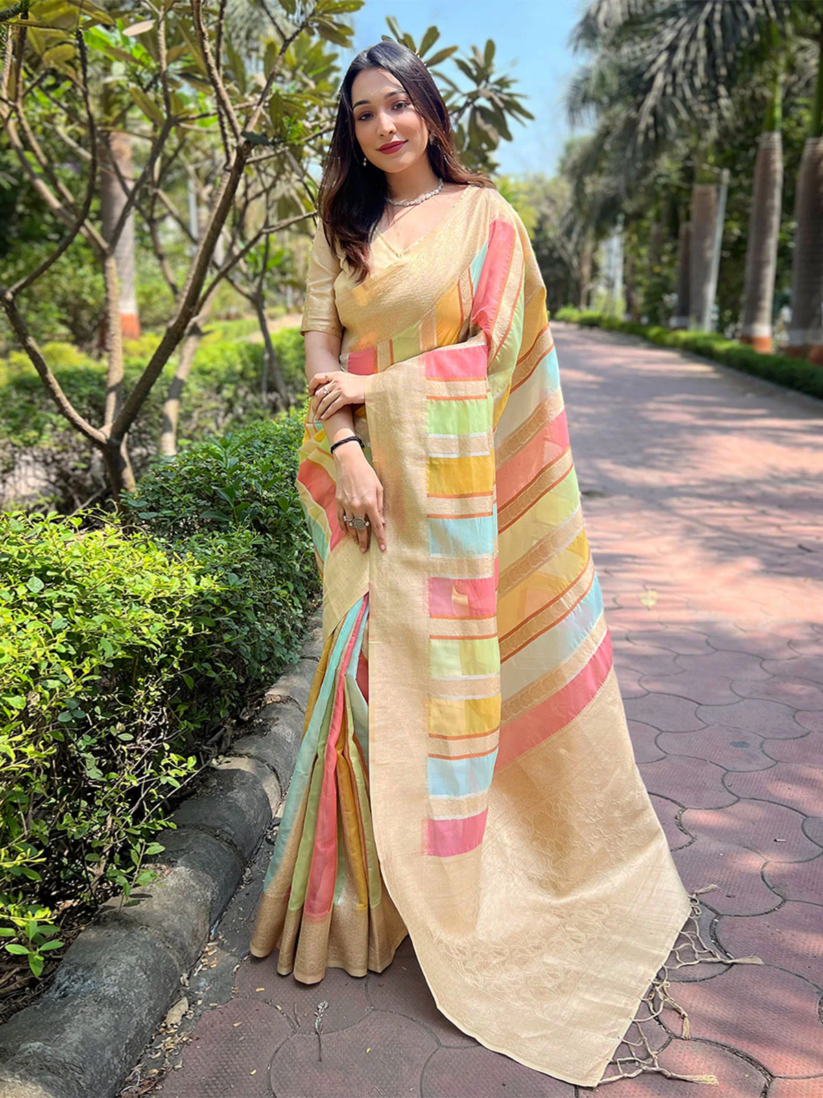 Odette Cream Woven Design Organza Saree With Unstitched Blouse For Women