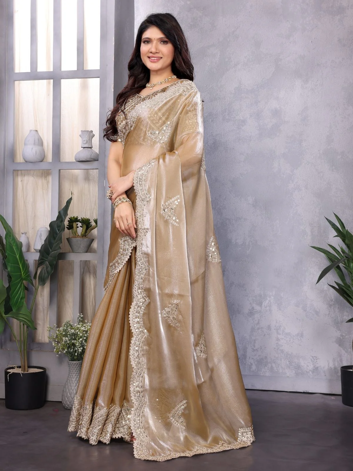 Odette Dark Beige Chiffon Embroidered Saree For Women - Image 2
