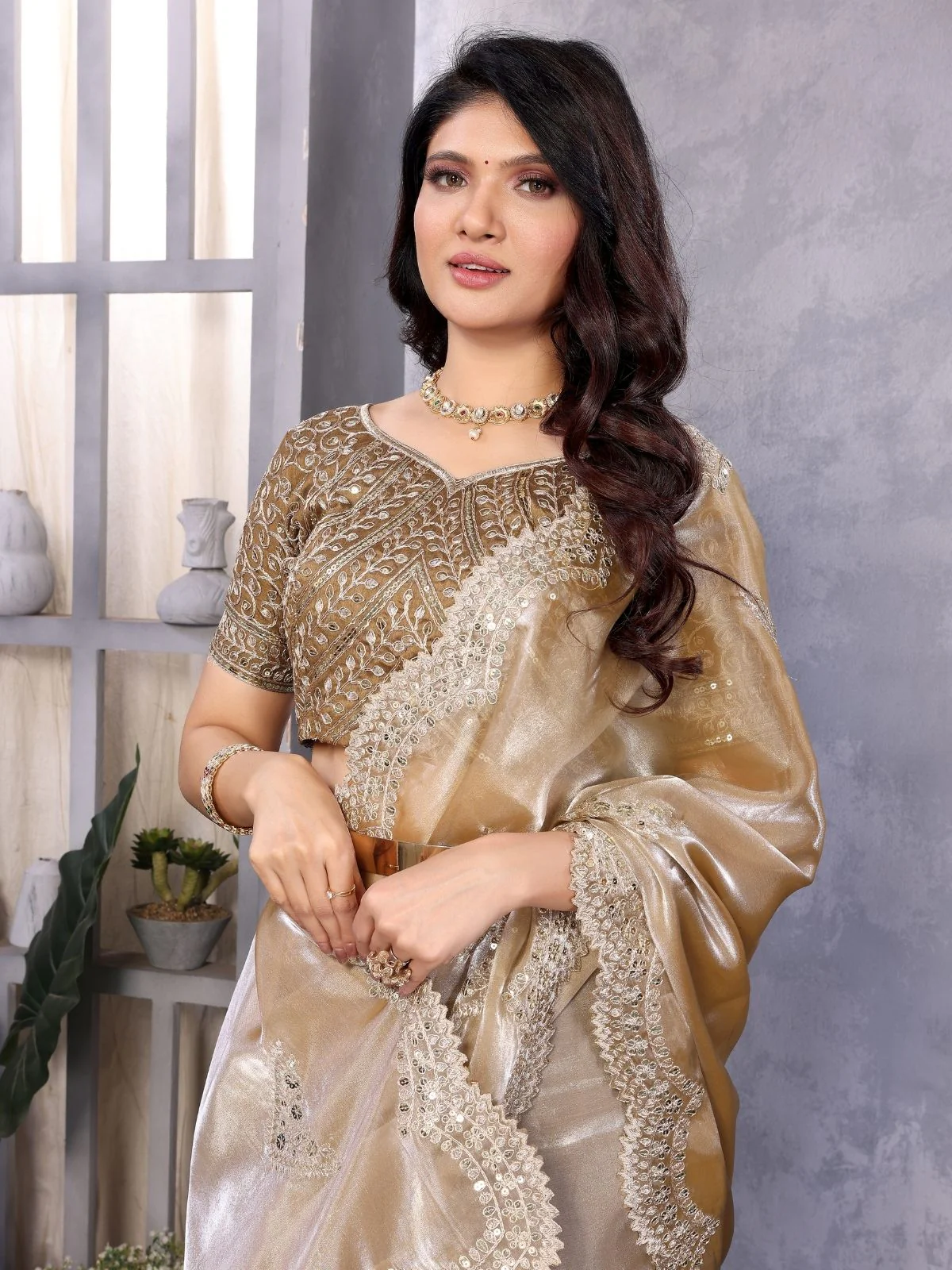 Odette Dark Beige Chiffon Embroidered Saree For Women - Image 4