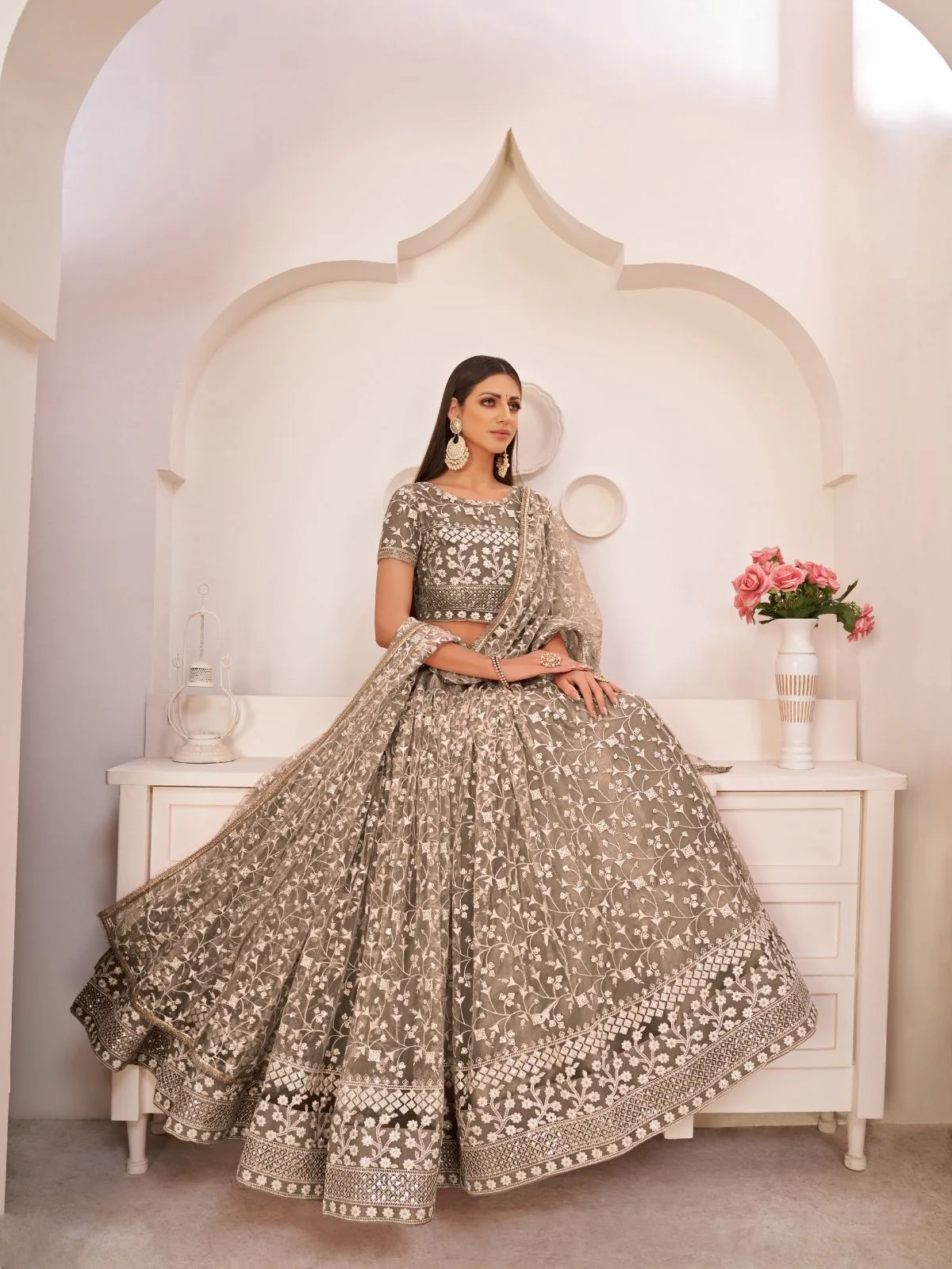 Odette Dark Beige Net Embroidered Semi Stitched Lehenga For Women - Image 2