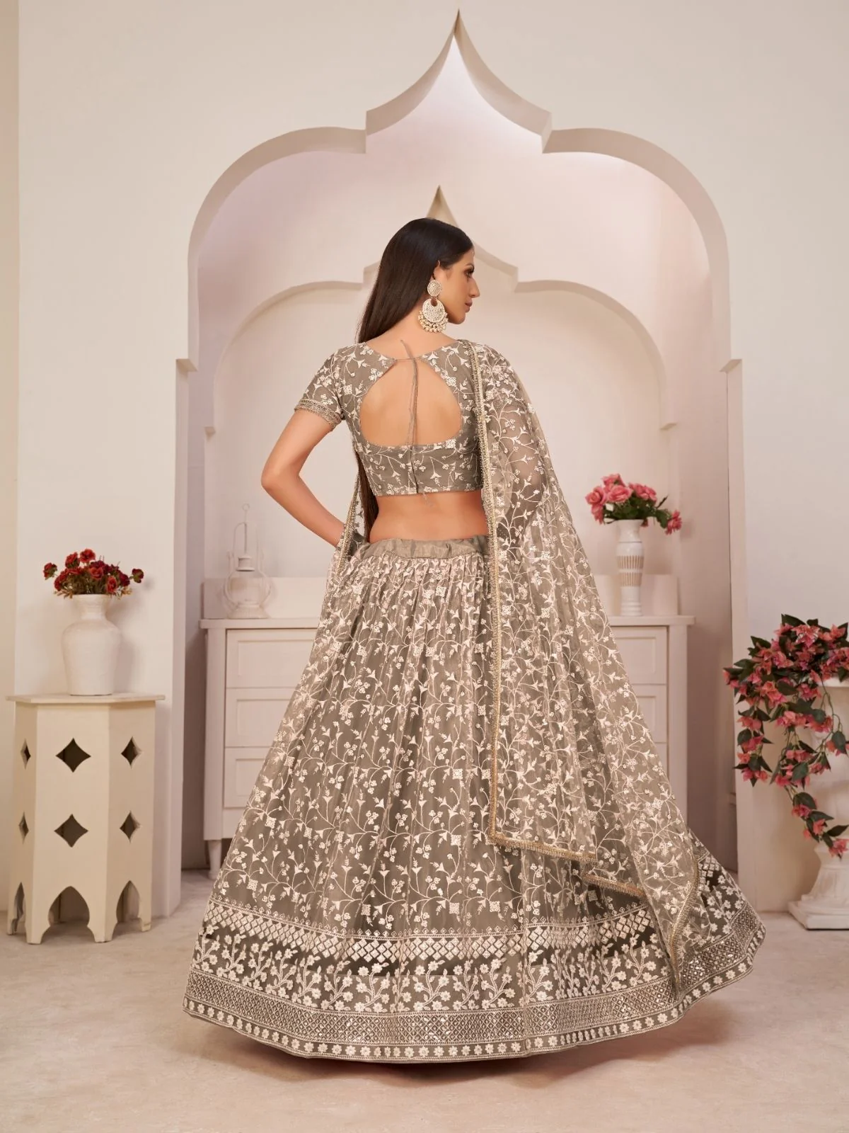 Odette Dark Beige Net Embroidered Semi Stitched Lehenga For Women - Image 3