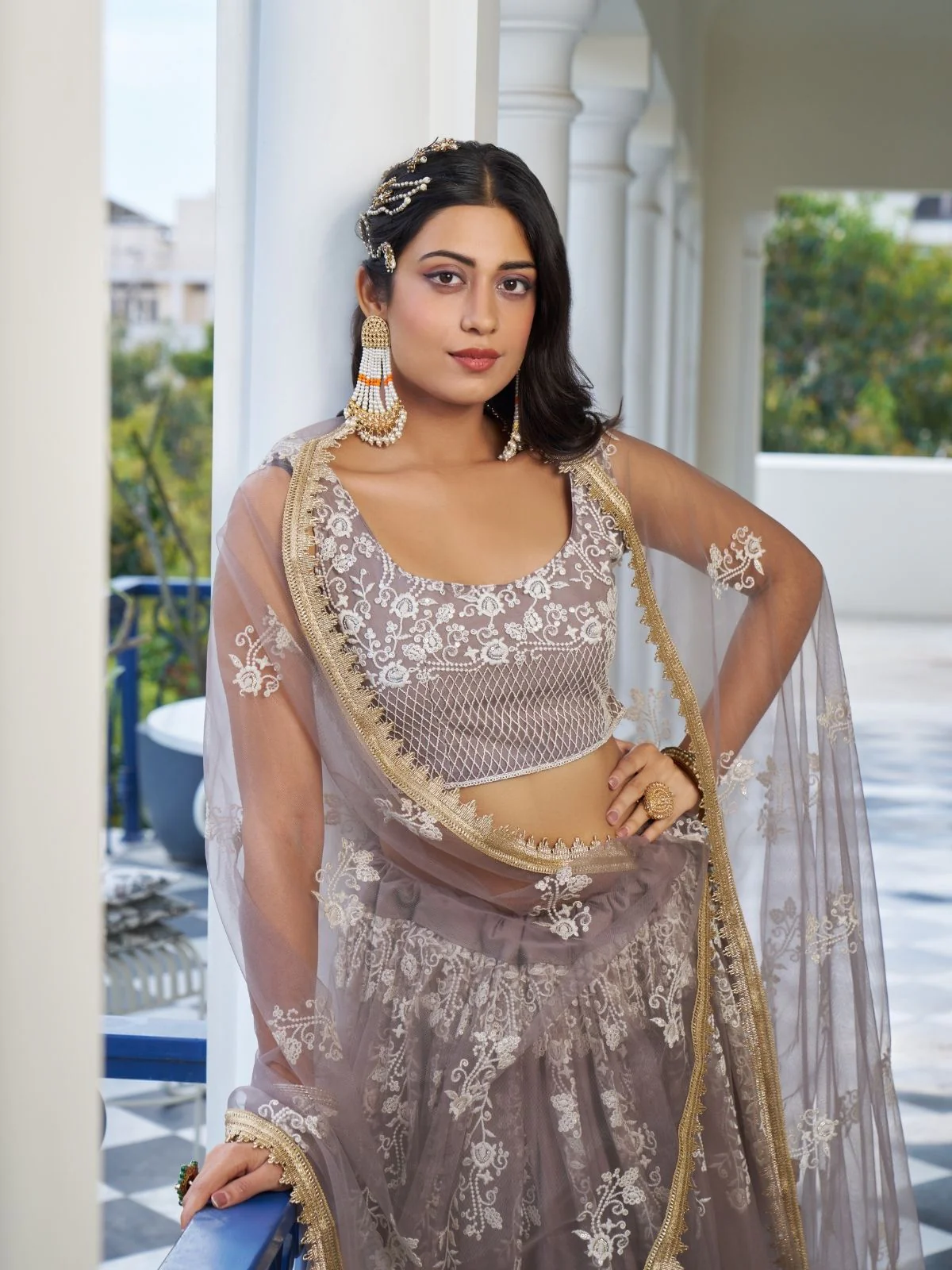 Odette Dark Beige Net Embroidered Semi Stitched Lehenga For Women - Image 2