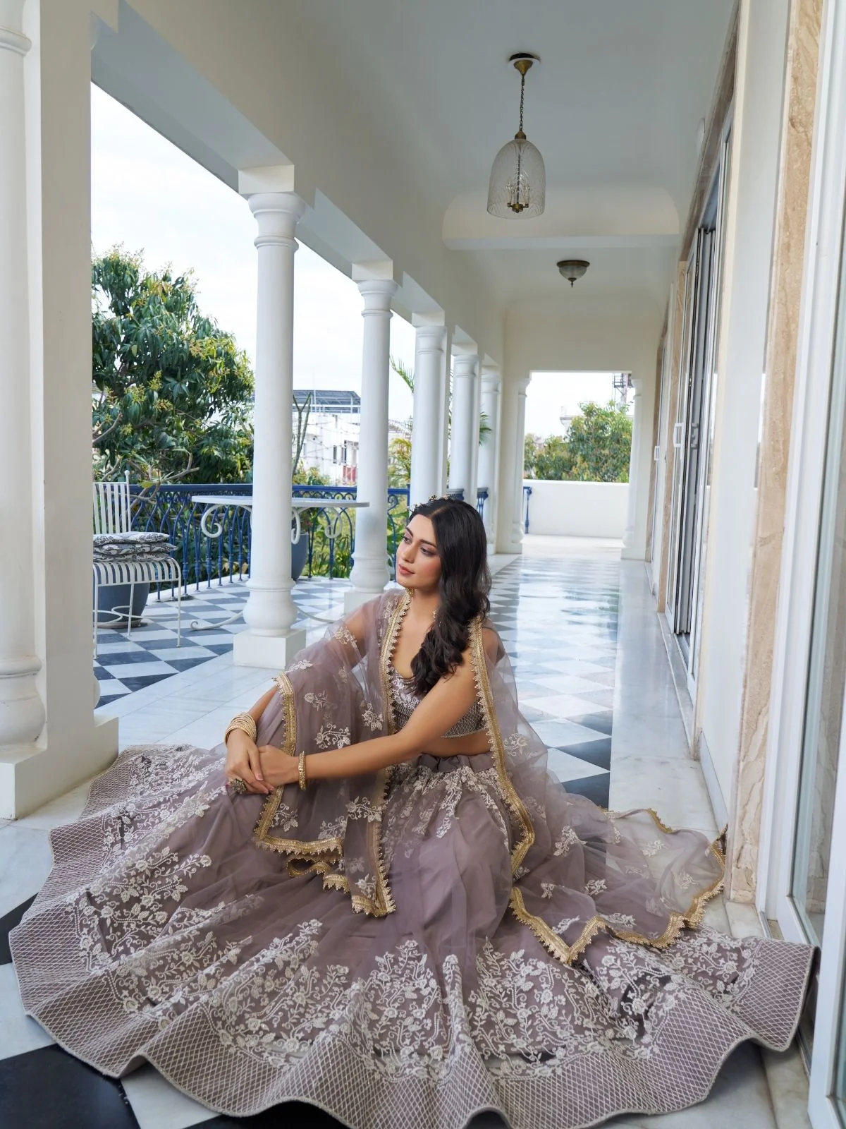 Odette Dark Beige Net Embroidered Semi Stitched Lehenga For Women - Image 3