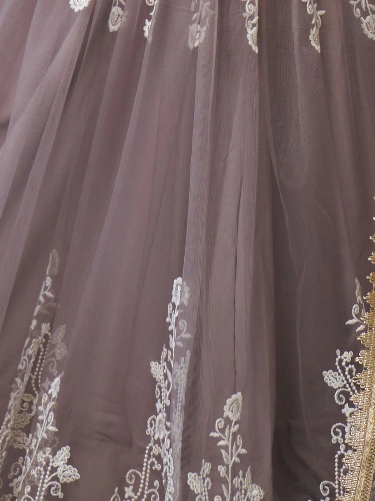 Odette Dark Beige Net Embroidered Semi Stitched Lehenga For Women - Image 4