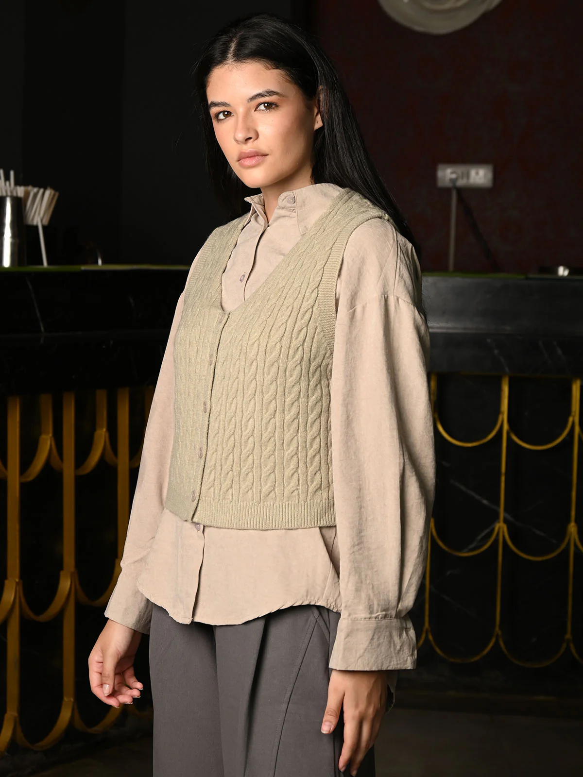 Odette Dark Beige Polyester Shirt For Women - Image 3