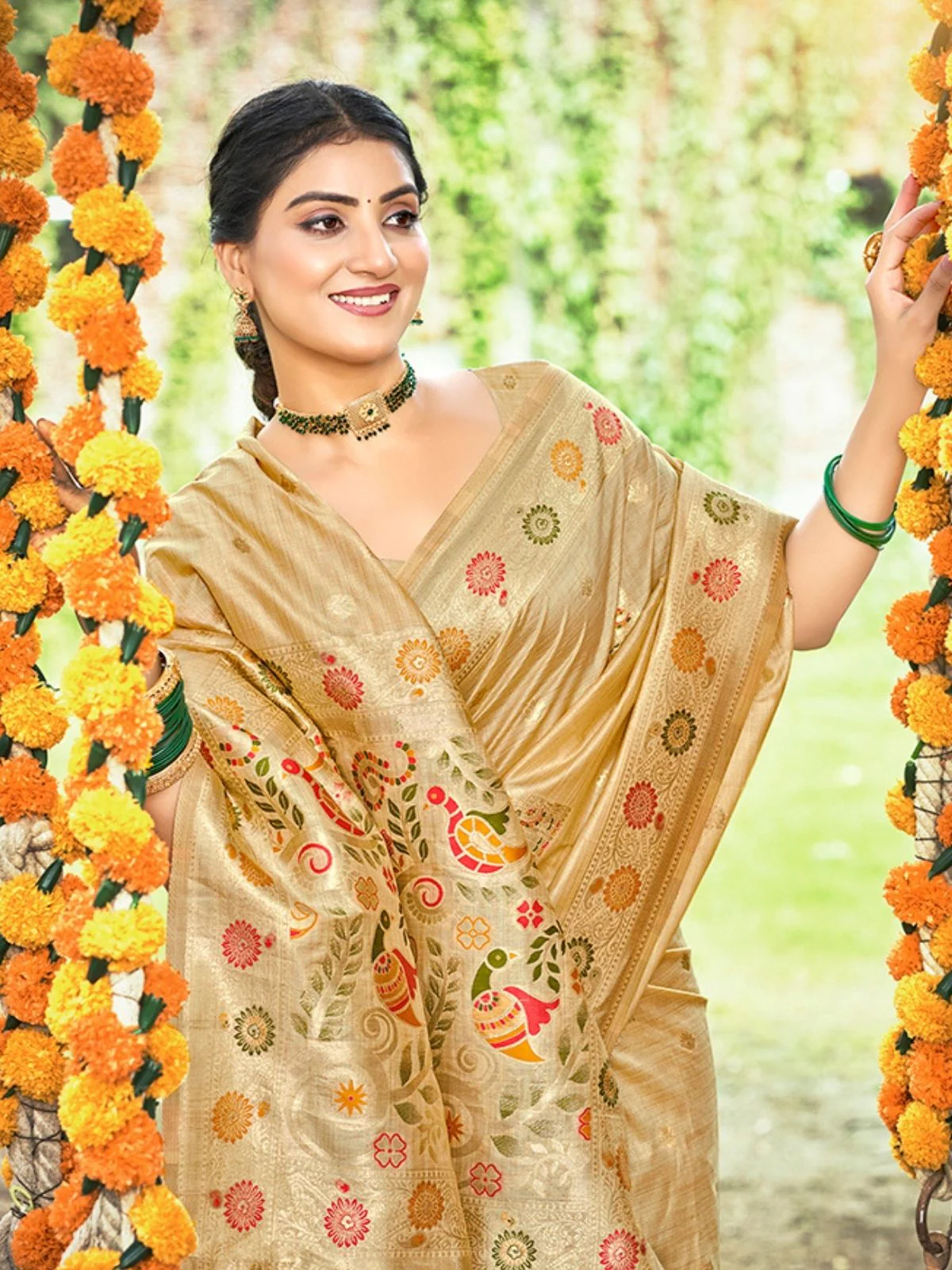 Odette Dark Beige Silk Blend Printed Saree For Women - Image 2